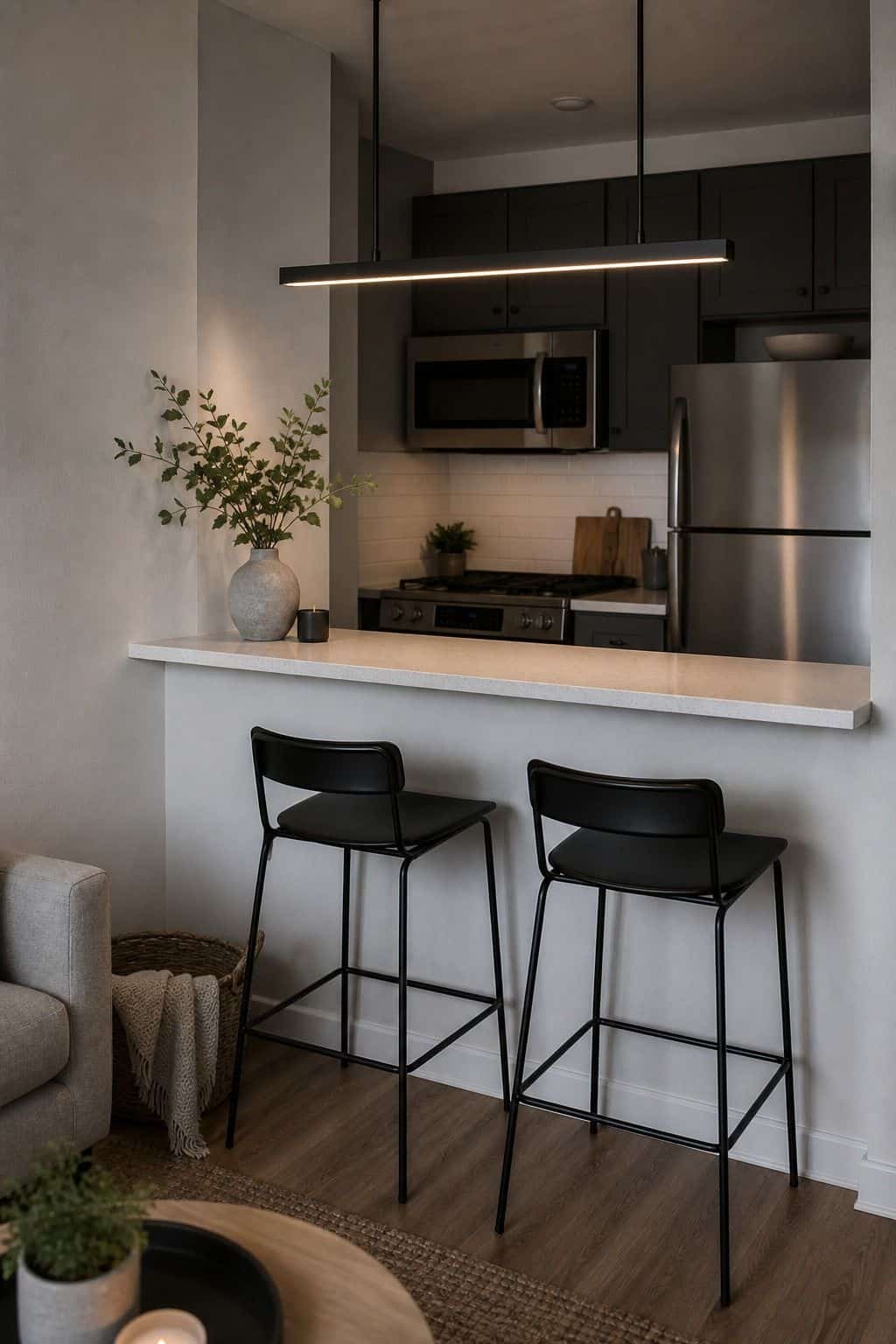 Linear LED Bar breakfast counter idea in a small apartment kitchen