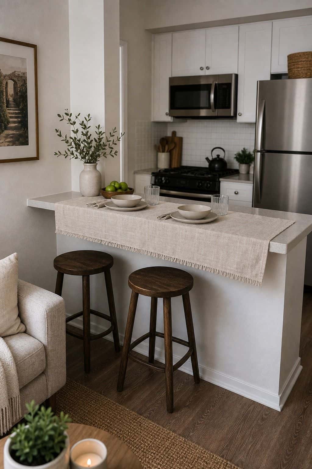 Long Linen Runner breakfast counter idea in a small apartment kitchen