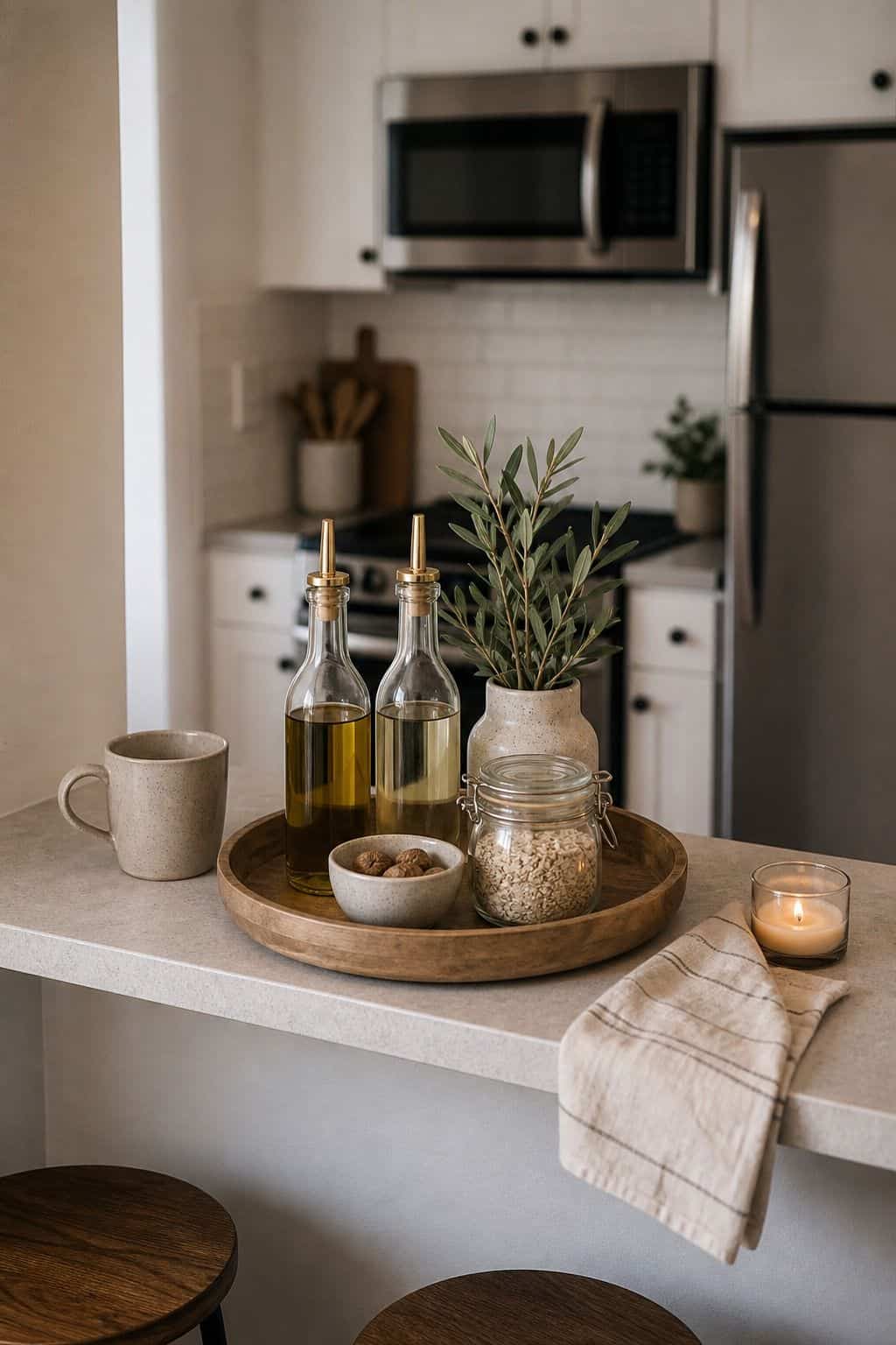Centered Tray With Oils breakfast counter idea in a small apartment kitchen