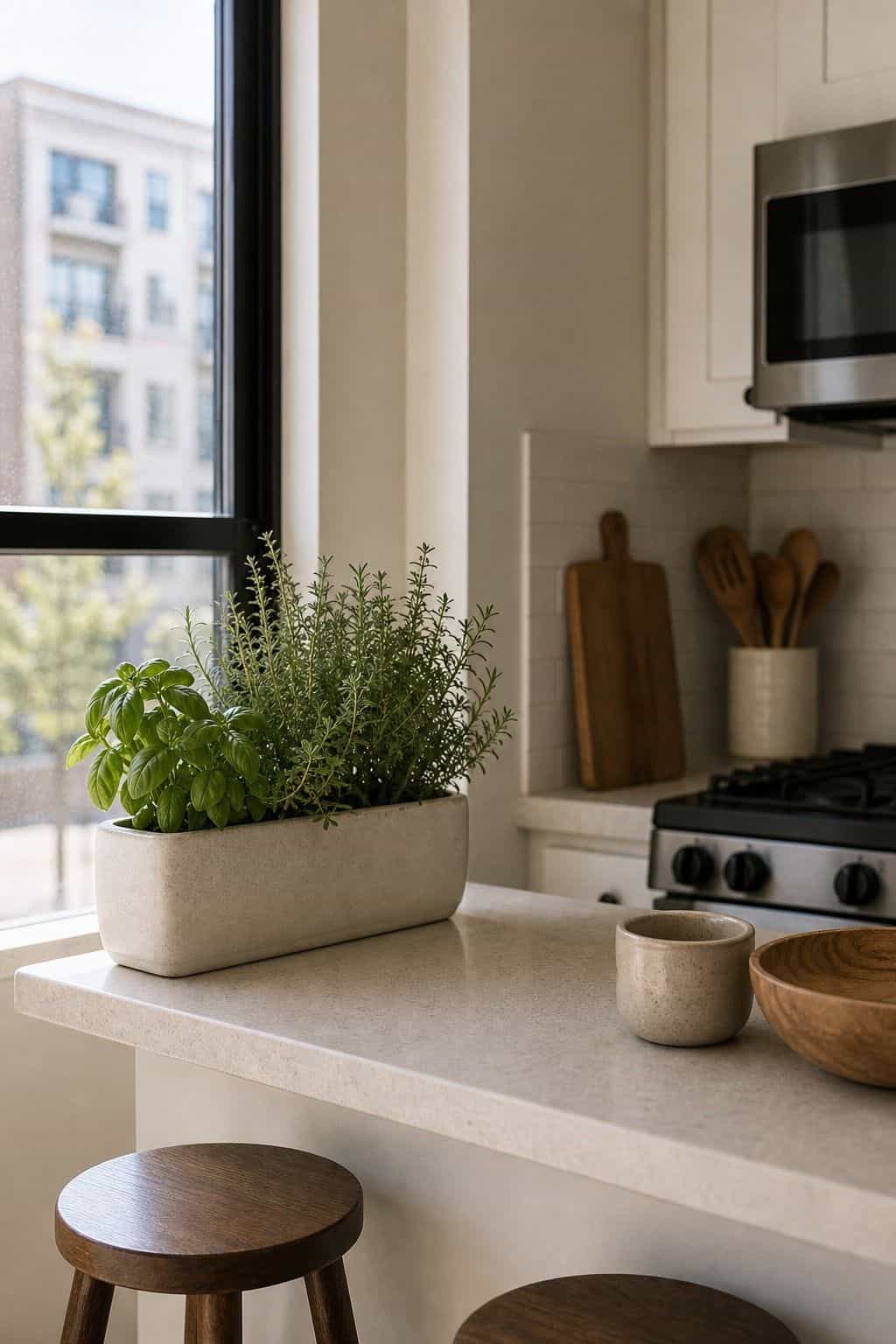 Small Herb Planter breakfast counter idea in a small apartment kitchen