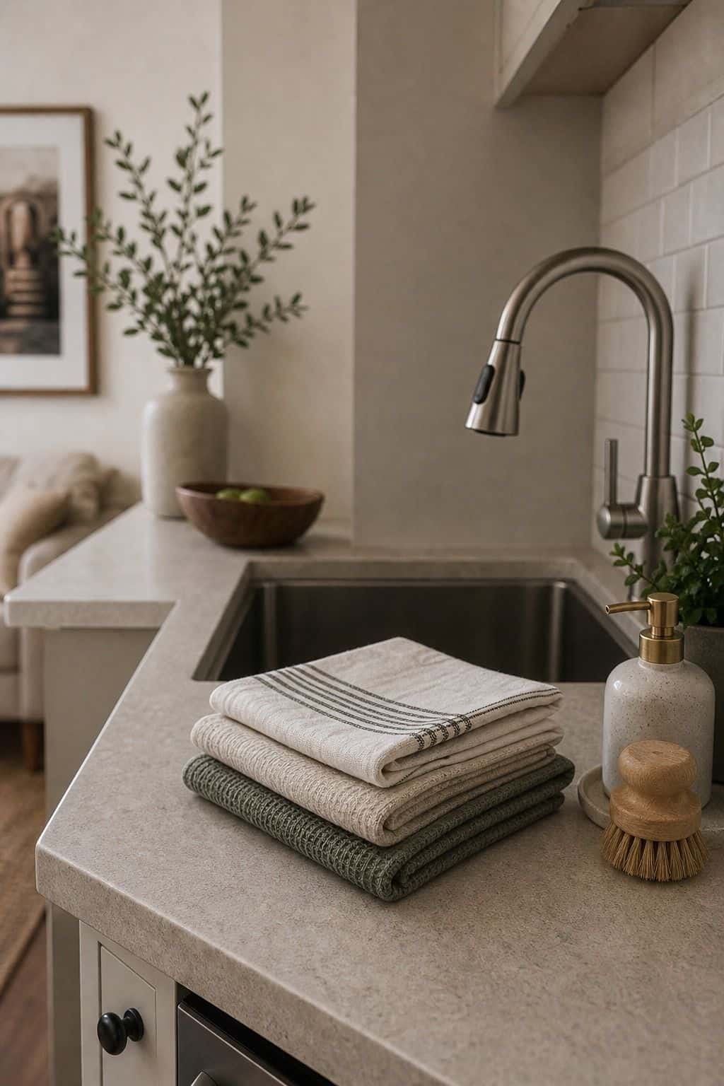 Folded Hand Towel Stack breakfast counter idea in a small apartment kitchen