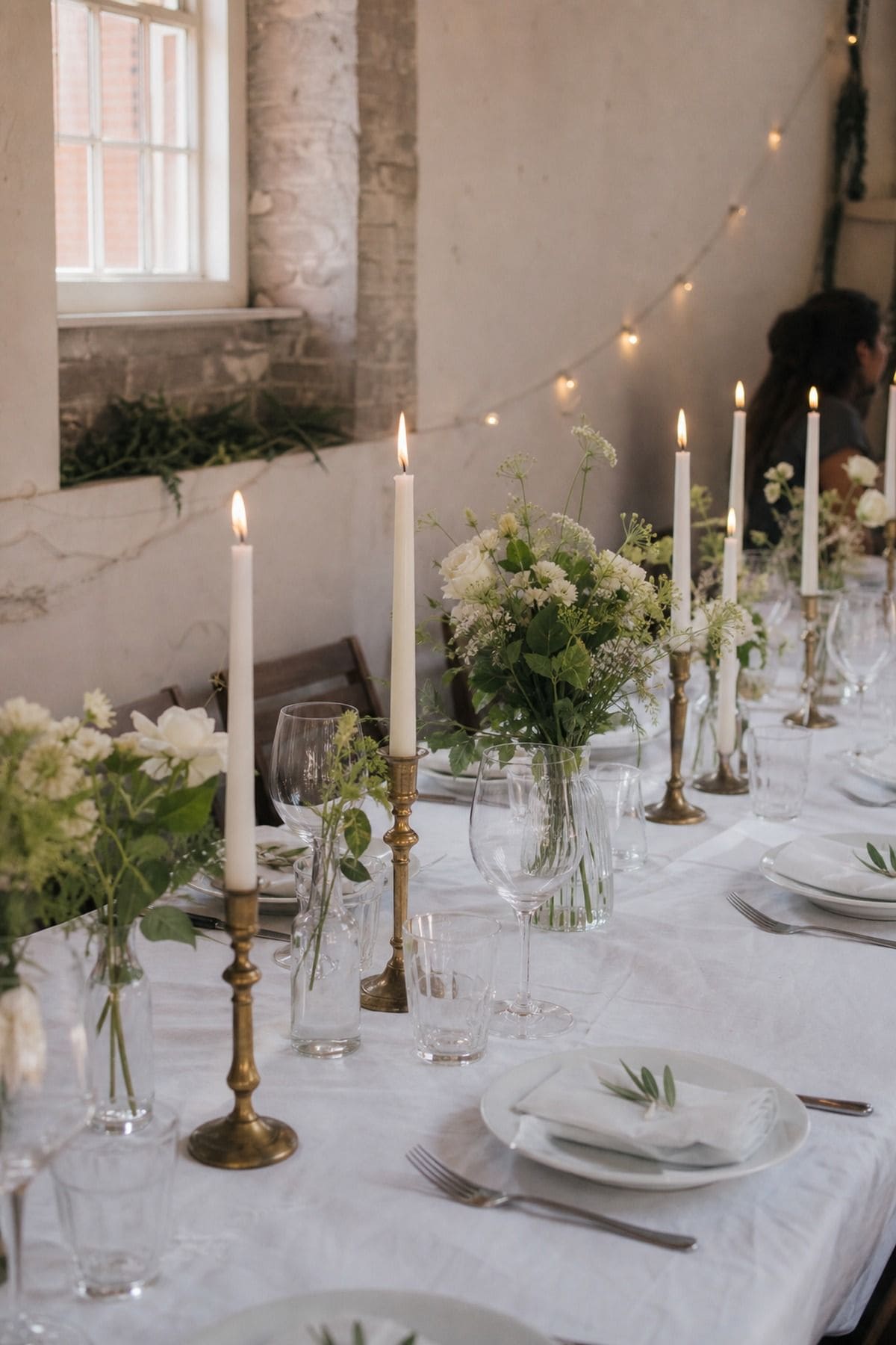 Budget wedding decor idea with white taper candles bulk 40-pack