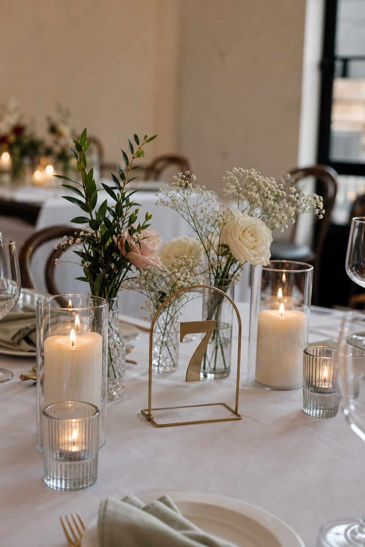 Budget wedding decor idea with gold metal table numbers 1-20