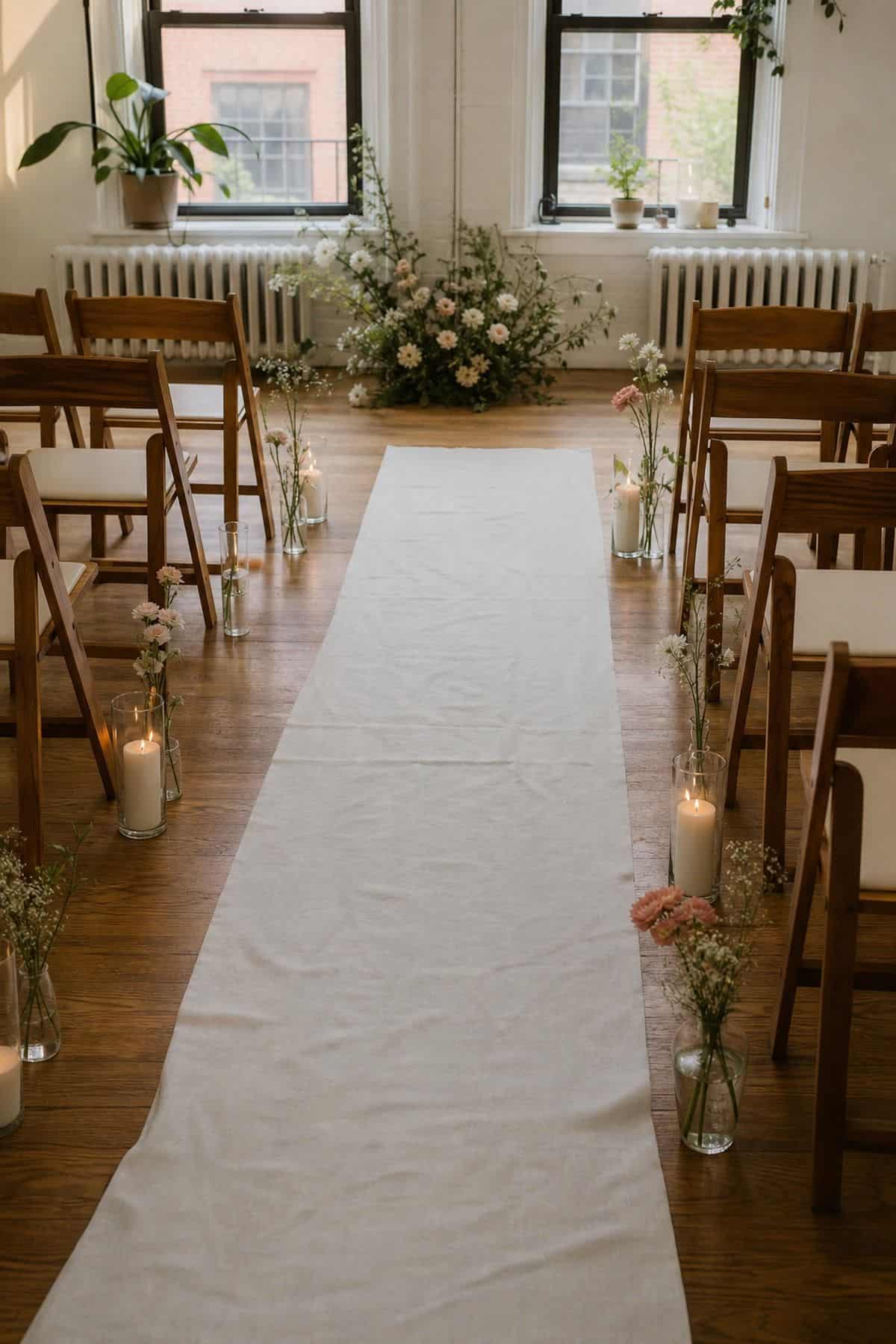 Budget wedding decor idea with white fabric ceremony aisle runner 100ft