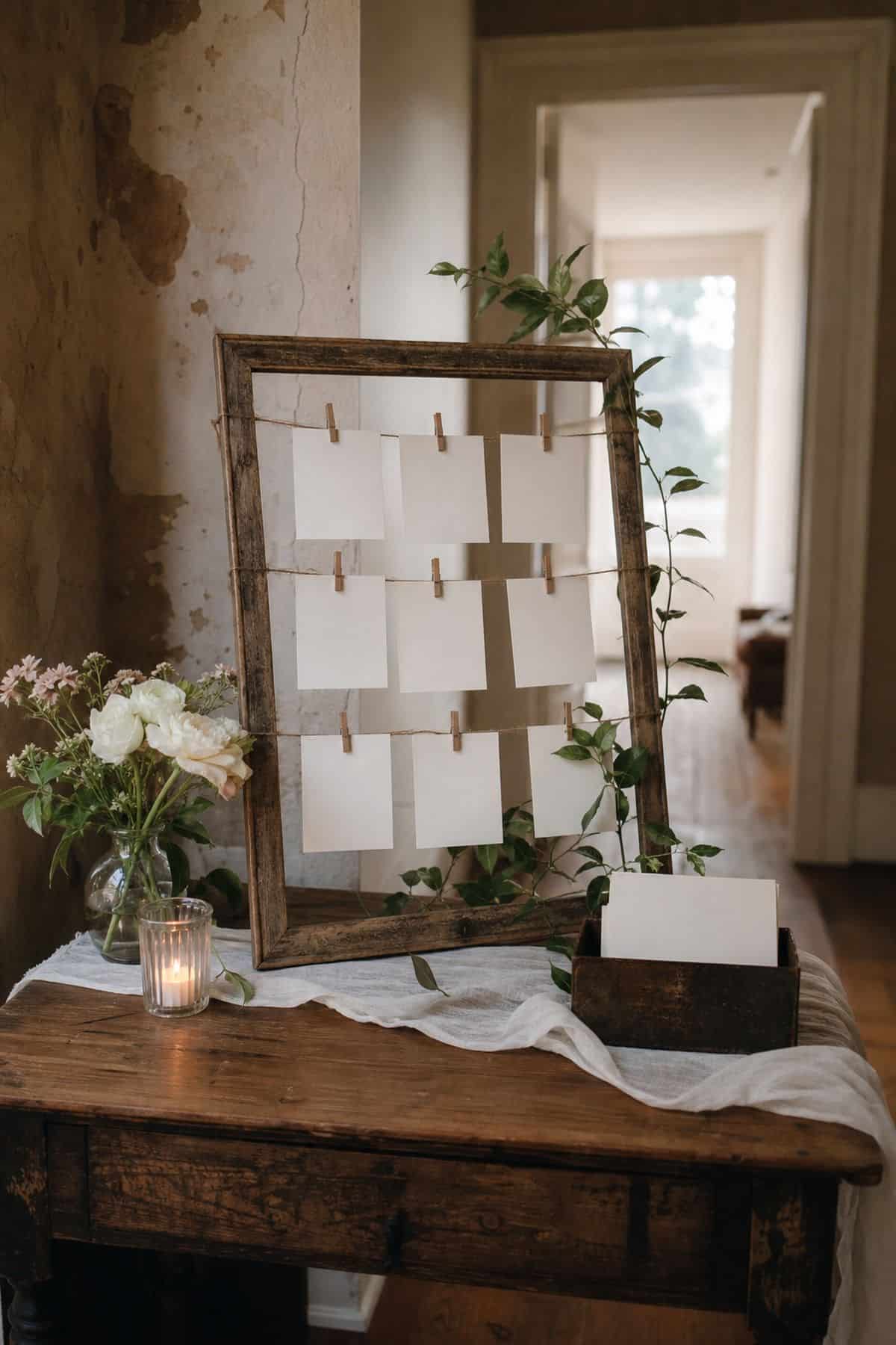 Budget wedding decor idea with rustic escort card display frame