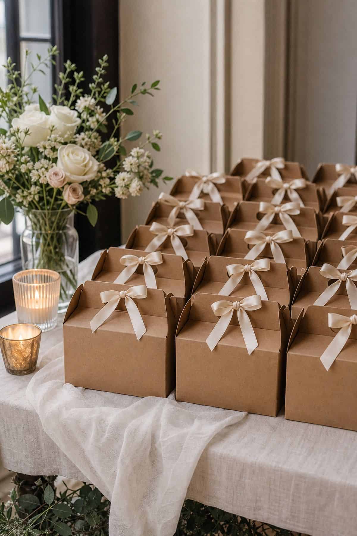 Budget wedding decor idea with kraft paper favor boxes with ribbon set of 50