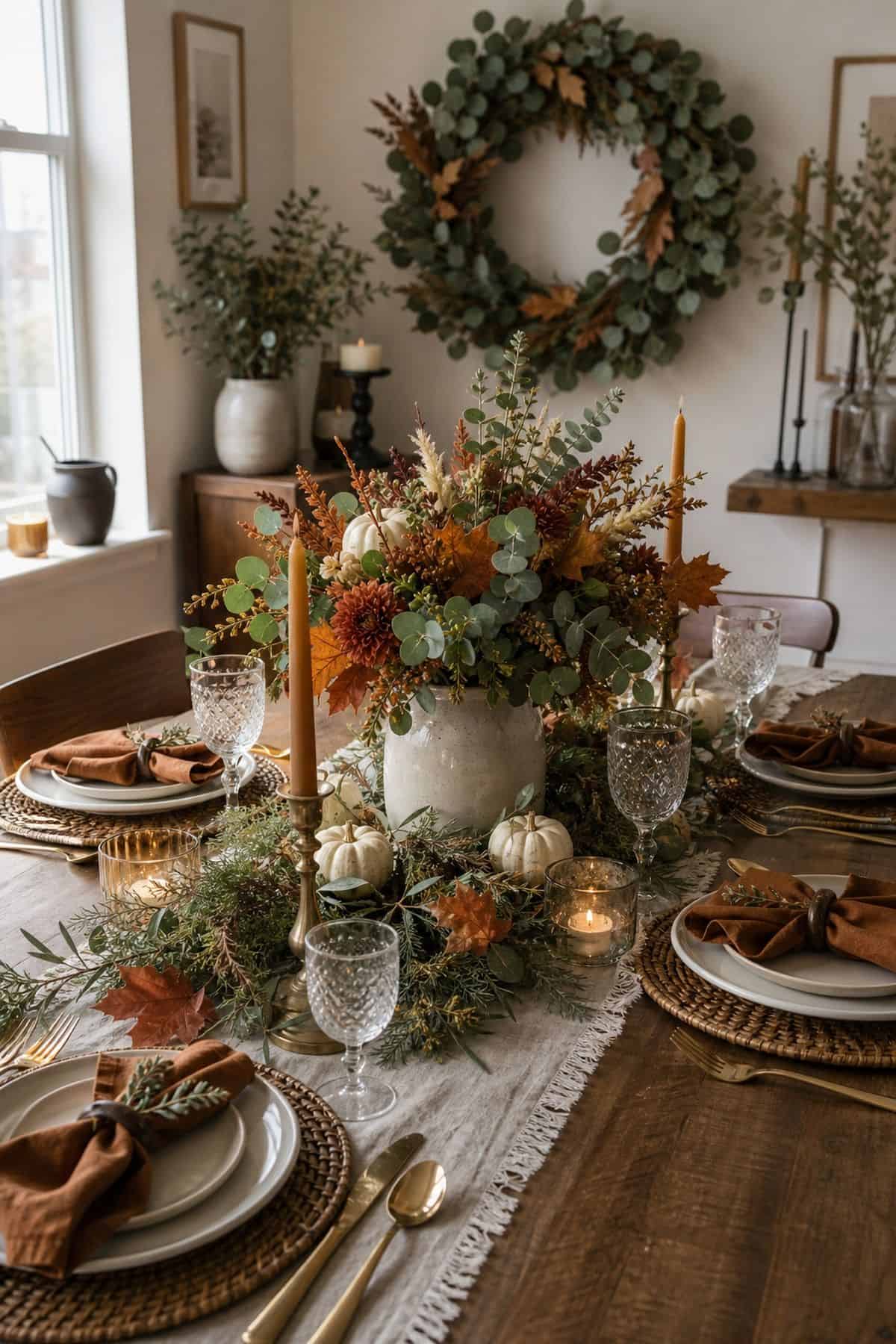 Pick One Statement Decor Moment Wreath Arch or Centerpiece Friendsgiving dinner party decor idea