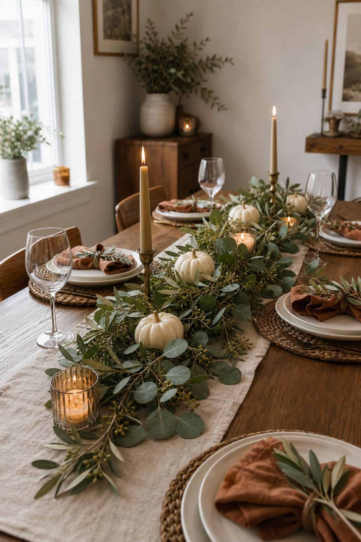 Eucalyptus and Olive Branch Foraged Garland Friendsgiving dinner party decor idea
