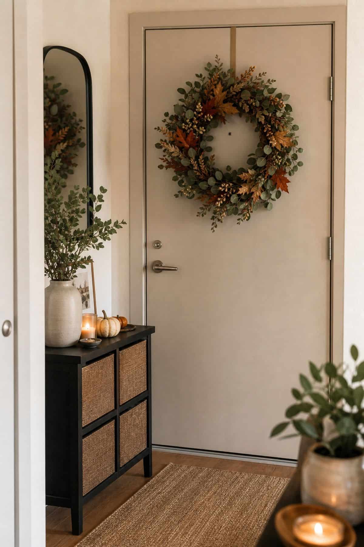 Fall Wreath on the Front Door Friendsgiving dinner party decor idea