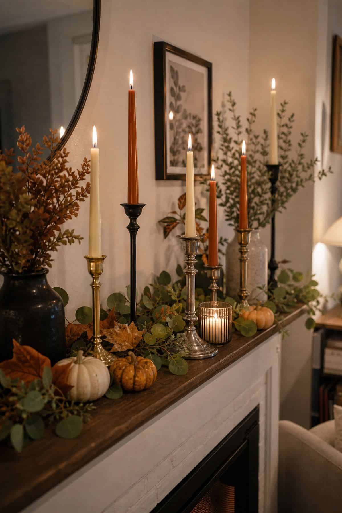 Mixed Metal Candle Cluster on the Mantel Friendsgiving dinner party decor idea