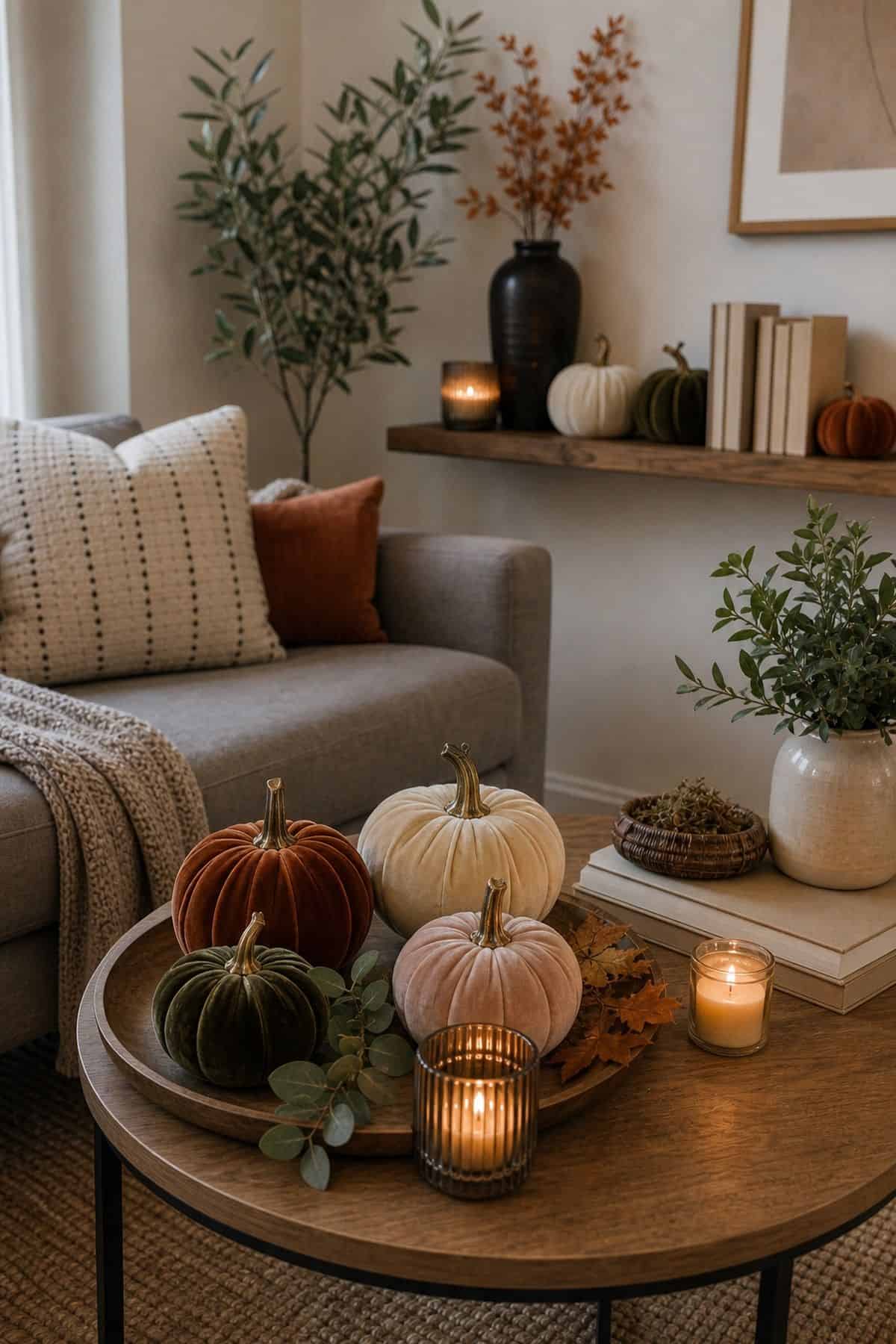 Velvet Pumpkins on Coffee Tables and Shelves Friendsgiving dinner party decor idea