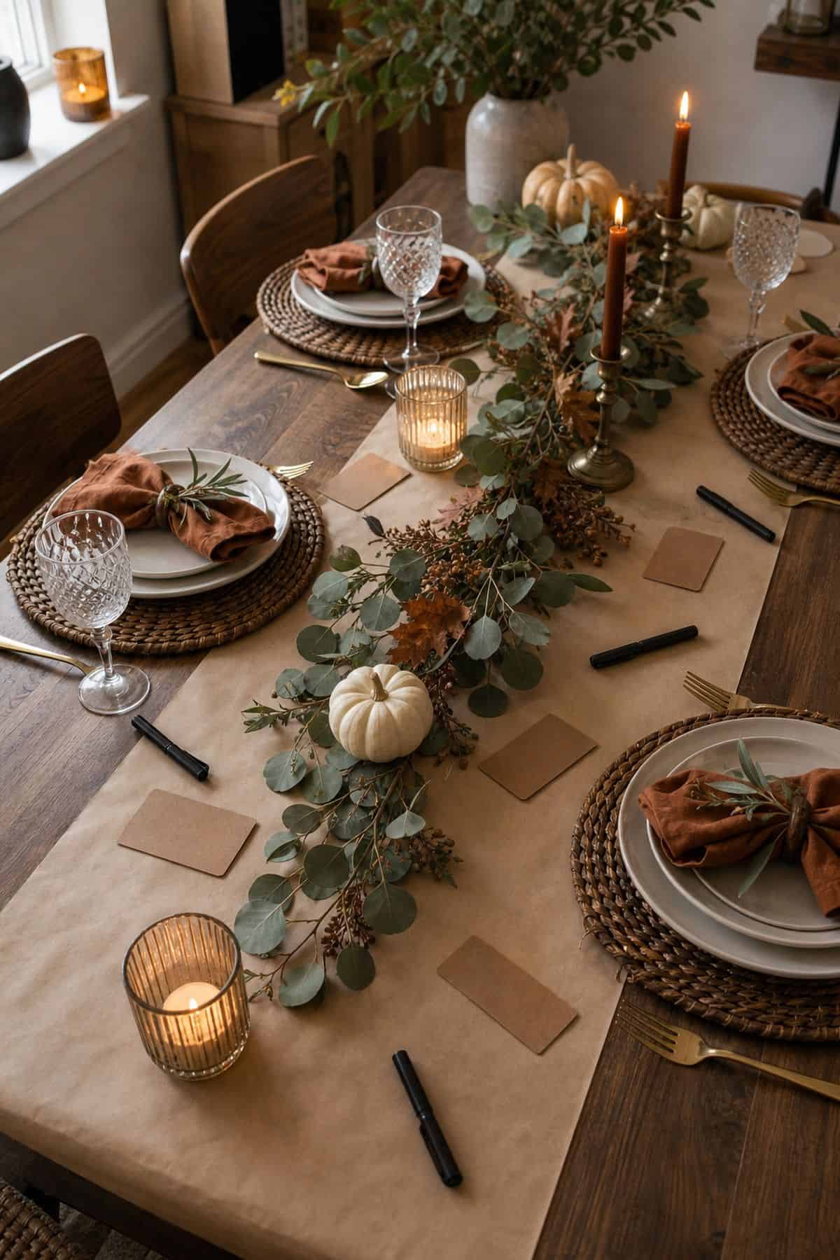 Kraft Paper Runner With Gratitude Markers Friendsgiving dinner party decor idea
