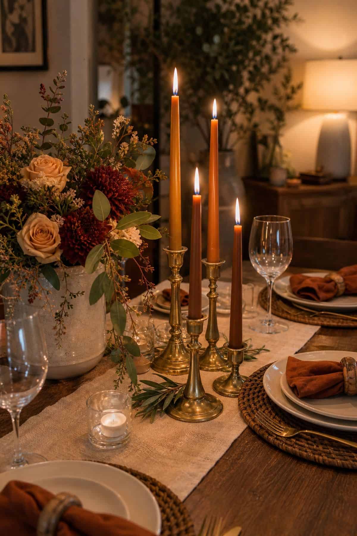 Brass Taper Candles in Varying Heights Friendsgiving dinner party decor idea