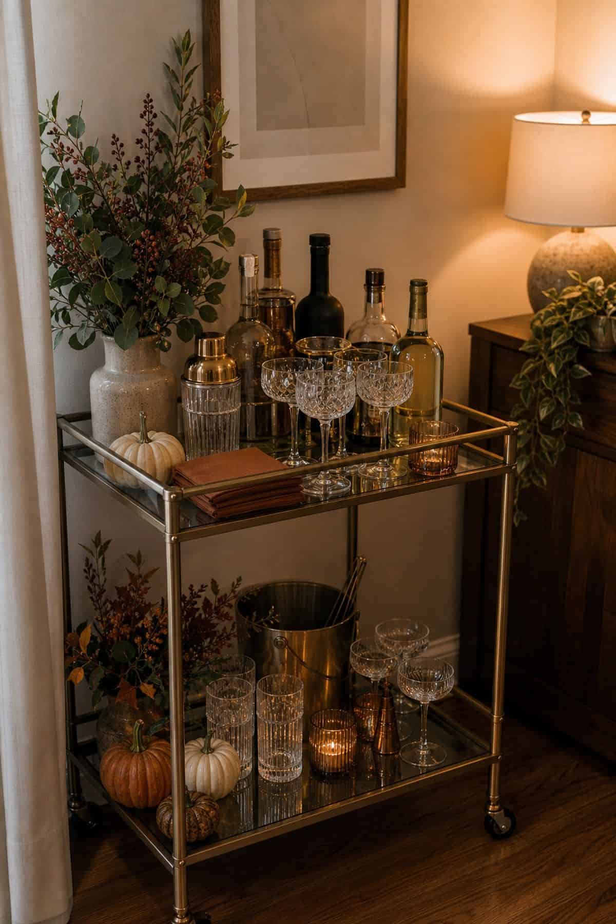 Bar Cart as a Decor Moment Cocktail Station Friendsgiving dinner party decor idea