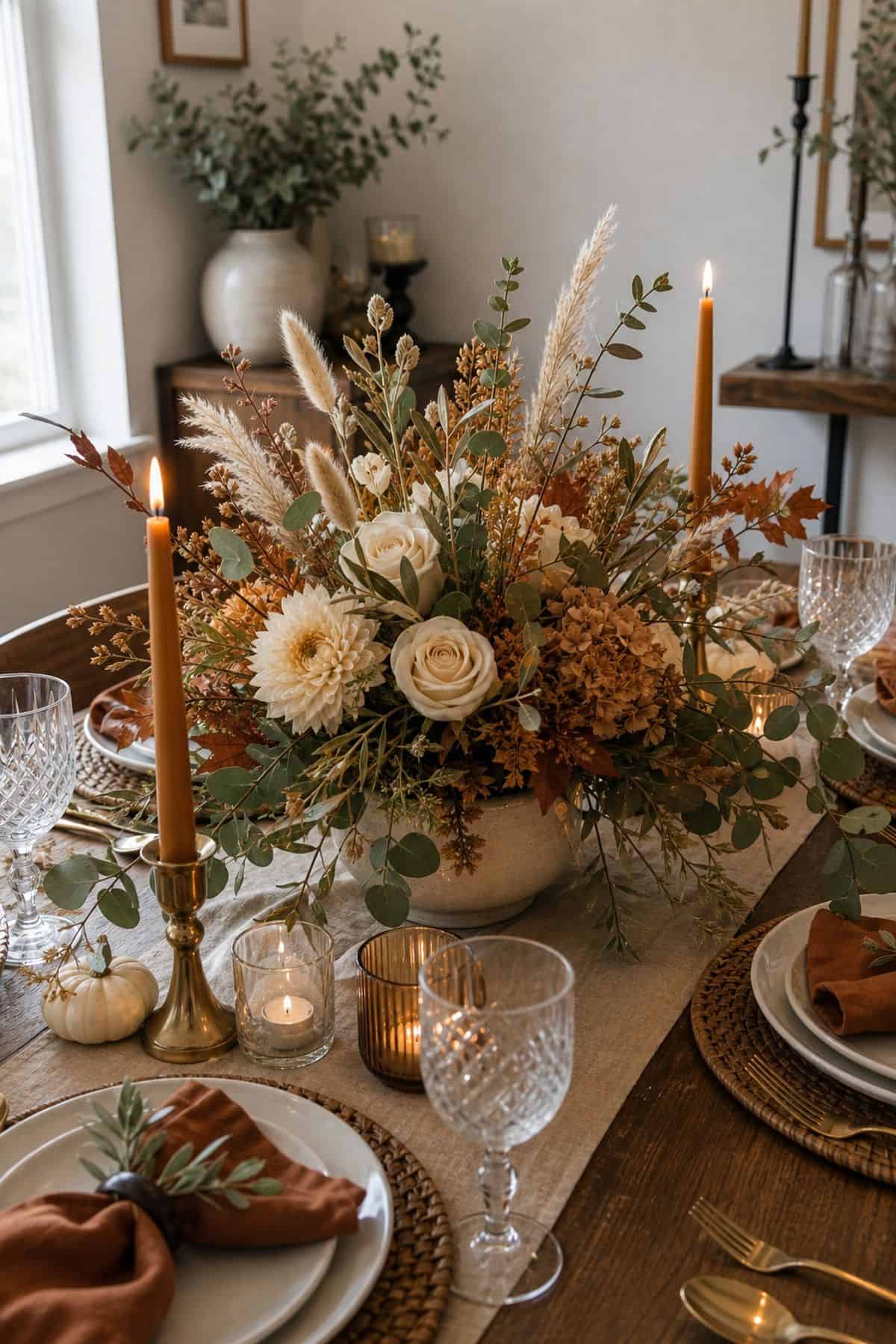 Fresh and Dried Florals in One Centerpiece Friendsgiving dinner party decor idea