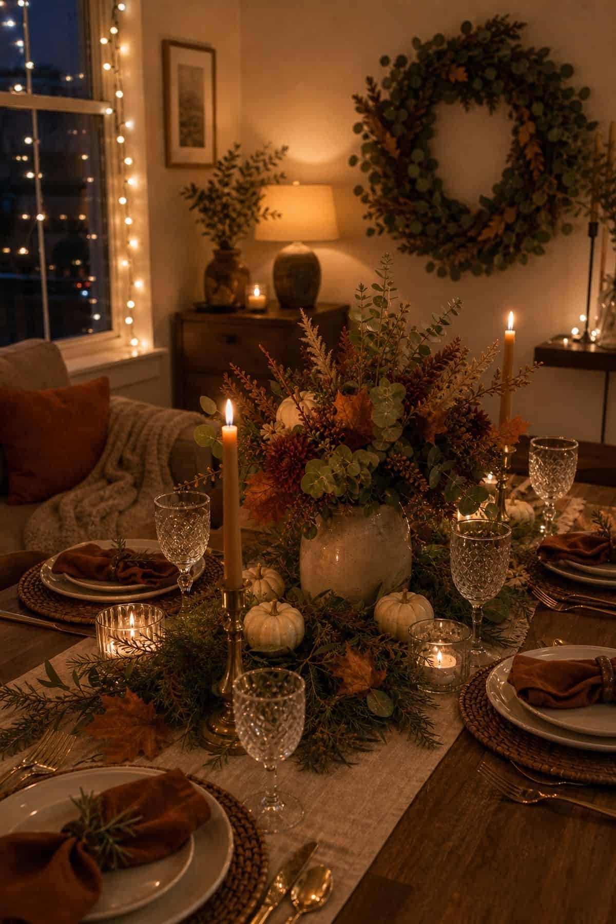 Layered Lighting Overhead Dim Plus Candle Plus Fairy Friendsgiving dinner party decor idea