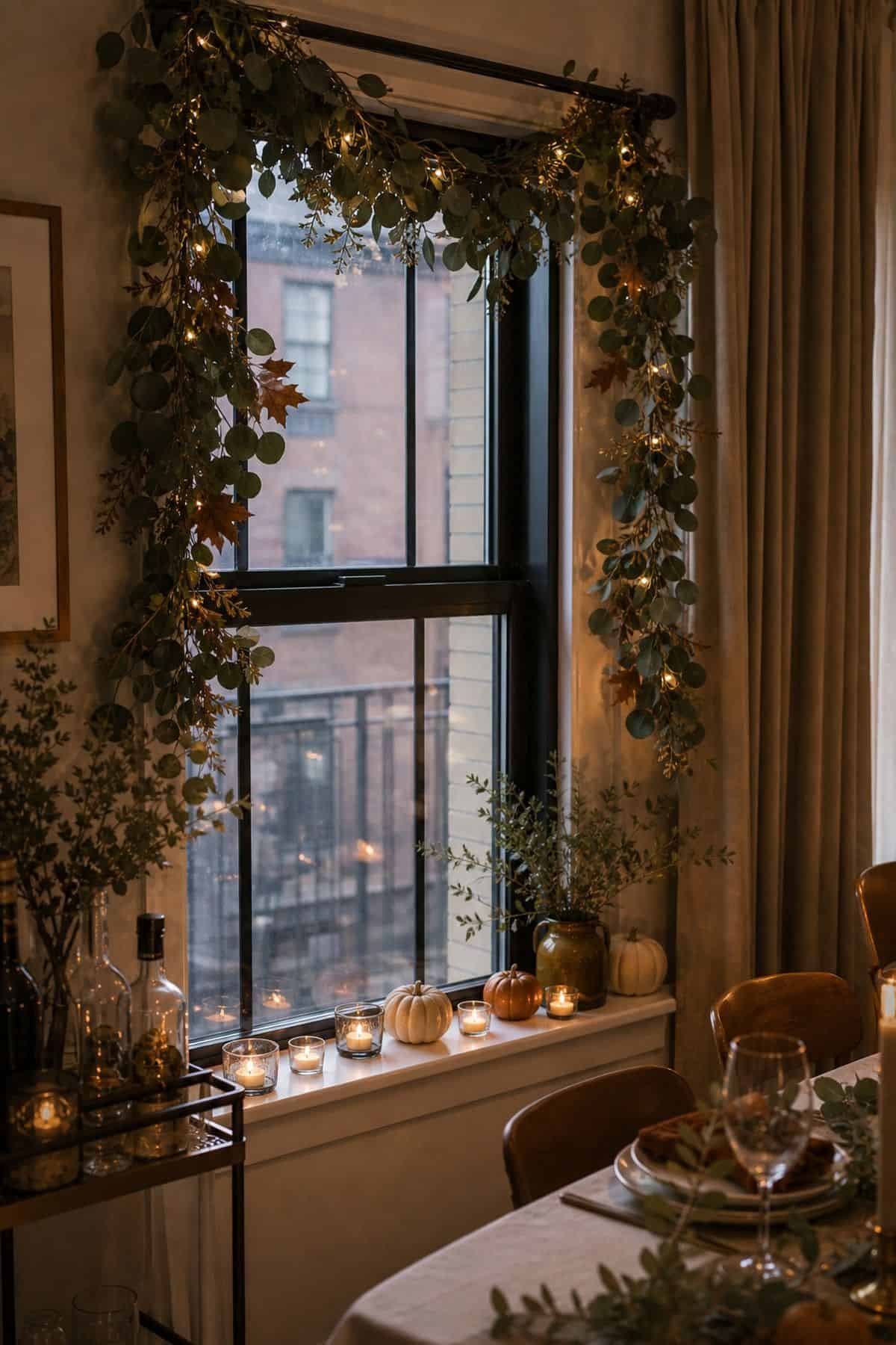 Style the Windows With Garland and Tea Lights Friendsgiving dinner party decor idea