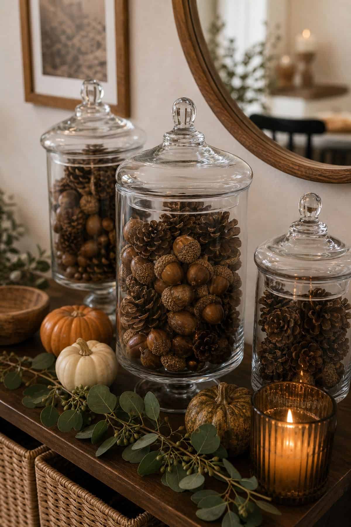 Apothecary Jar Filled With Acorns and Pinecones Friendsgiving dinner party decor idea