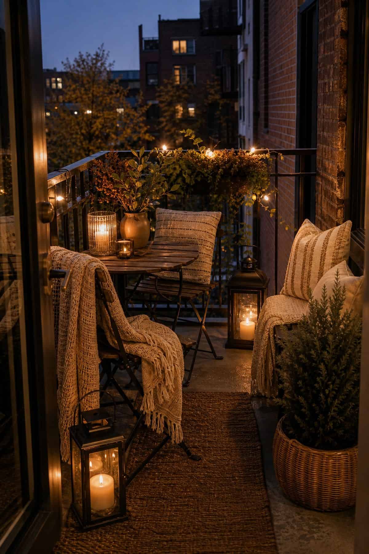 Outdoor Patio Extension With Lanterns and Throws Friendsgiving dinner party decor idea