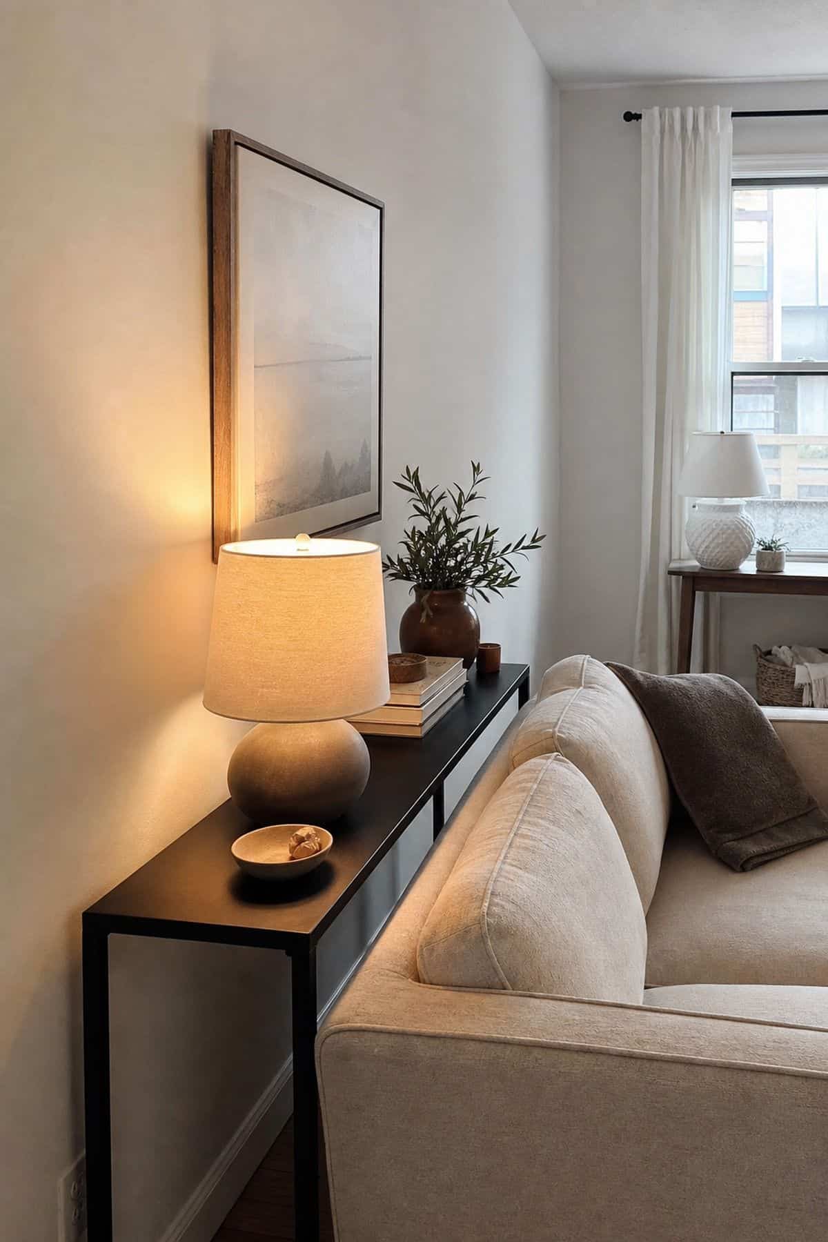 Console table behind sofa decor idea with add a stylish table lamp for ambient lighting in a small apartment living room