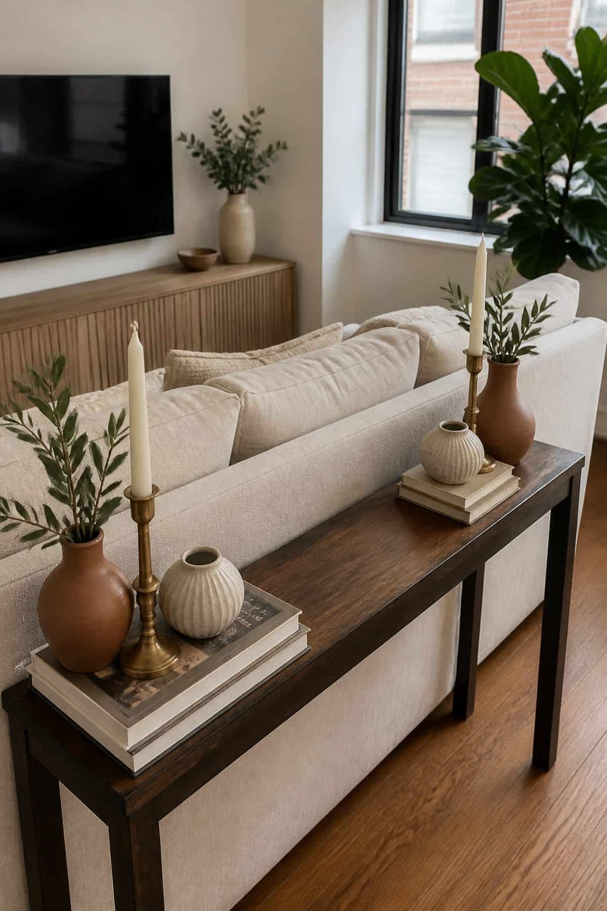 Console table behind sofa decor idea with use matching pairs of decorative objects on each end in a small apartment living room