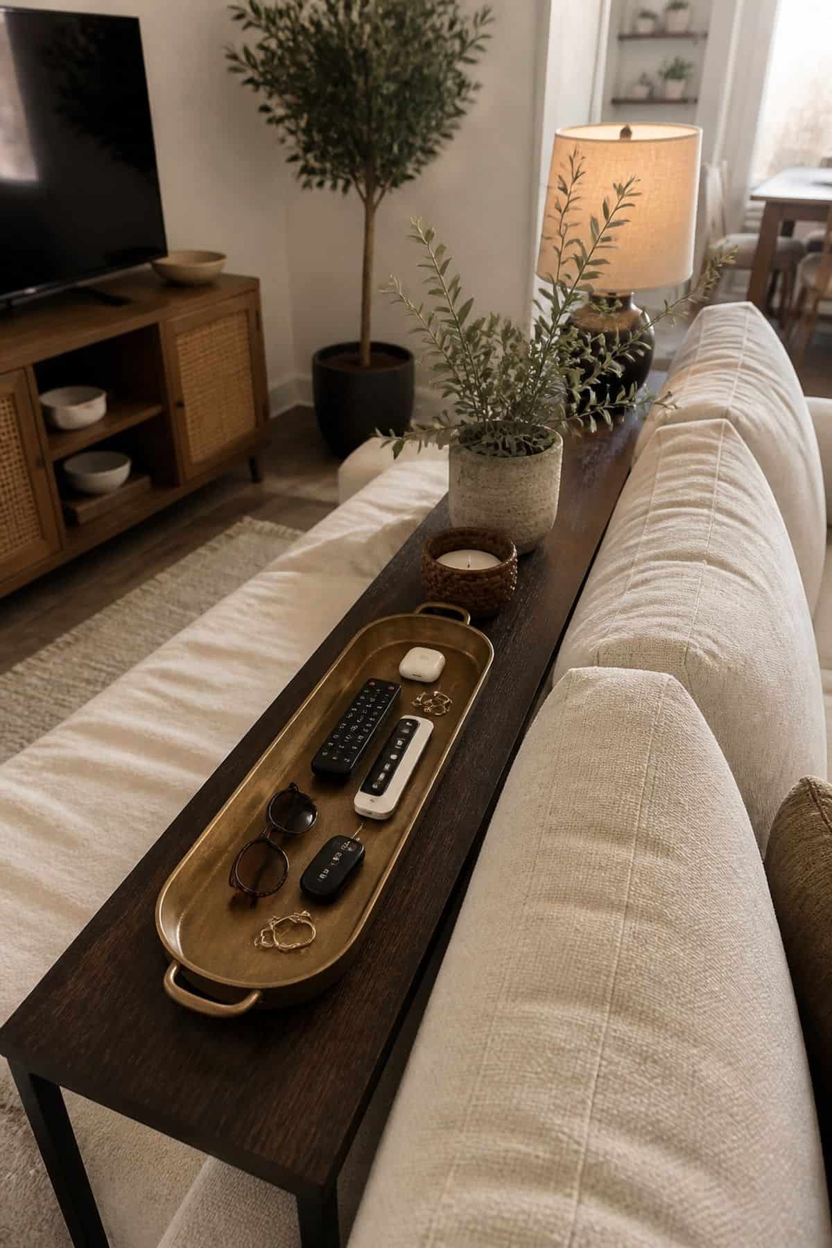 Console table behind sofa decor idea with use a long tray to corral keys, remotes, and small items in a small apartment living room
