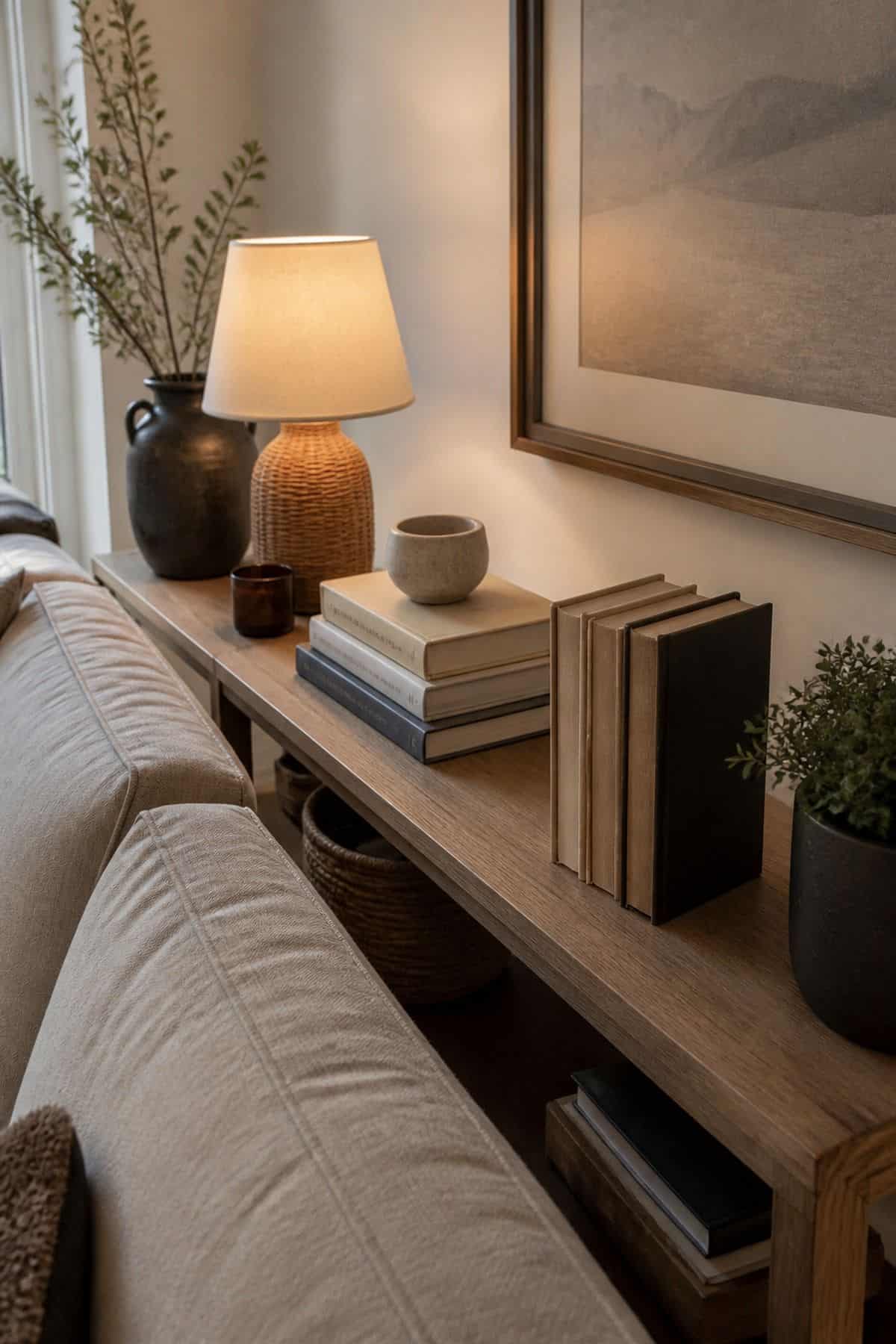 Console table behind sofa decor idea with incorporate decorative books stacked horizontally and vertically in a small apartment living room