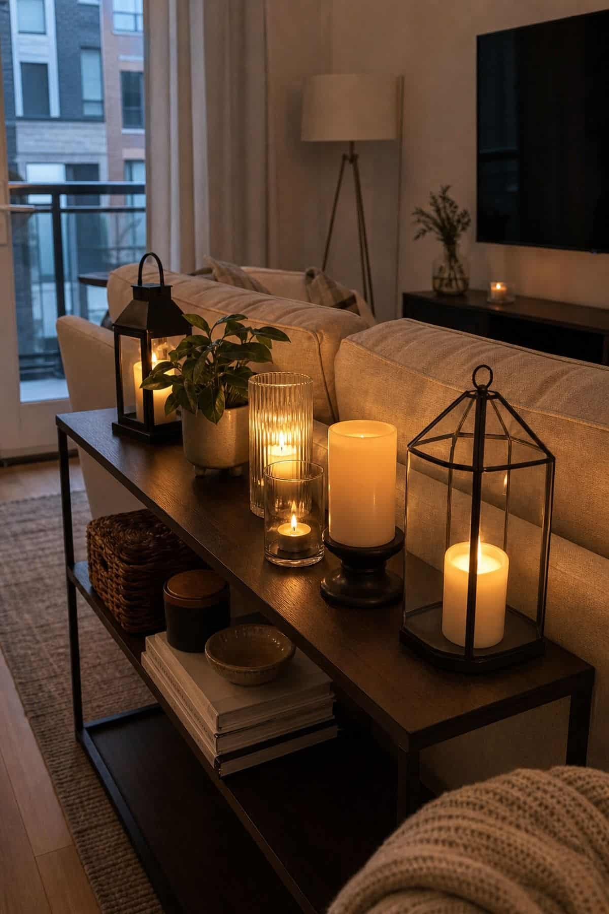 Console table behind sofa decor idea with display a row of decorative candles or lanterns in a small apartment living room
