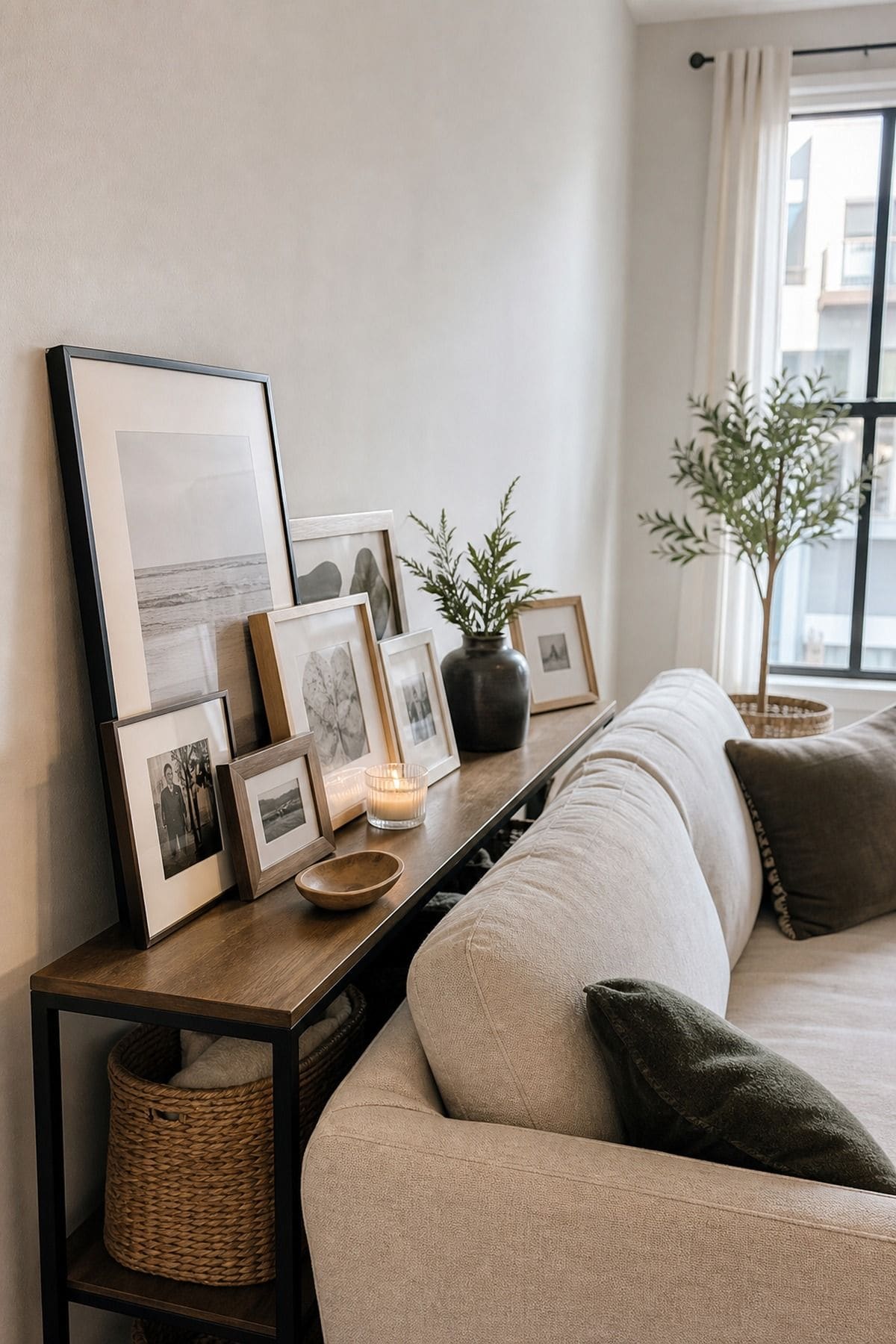 Console table behind sofa decor idea with arrange a collection of framed photos or artwork in a small apartment living room