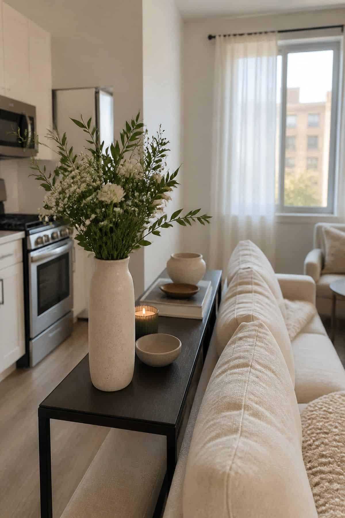 Console table behind sofa decor idea with place a vase with fresh flowers or greenery in a small apartment living room