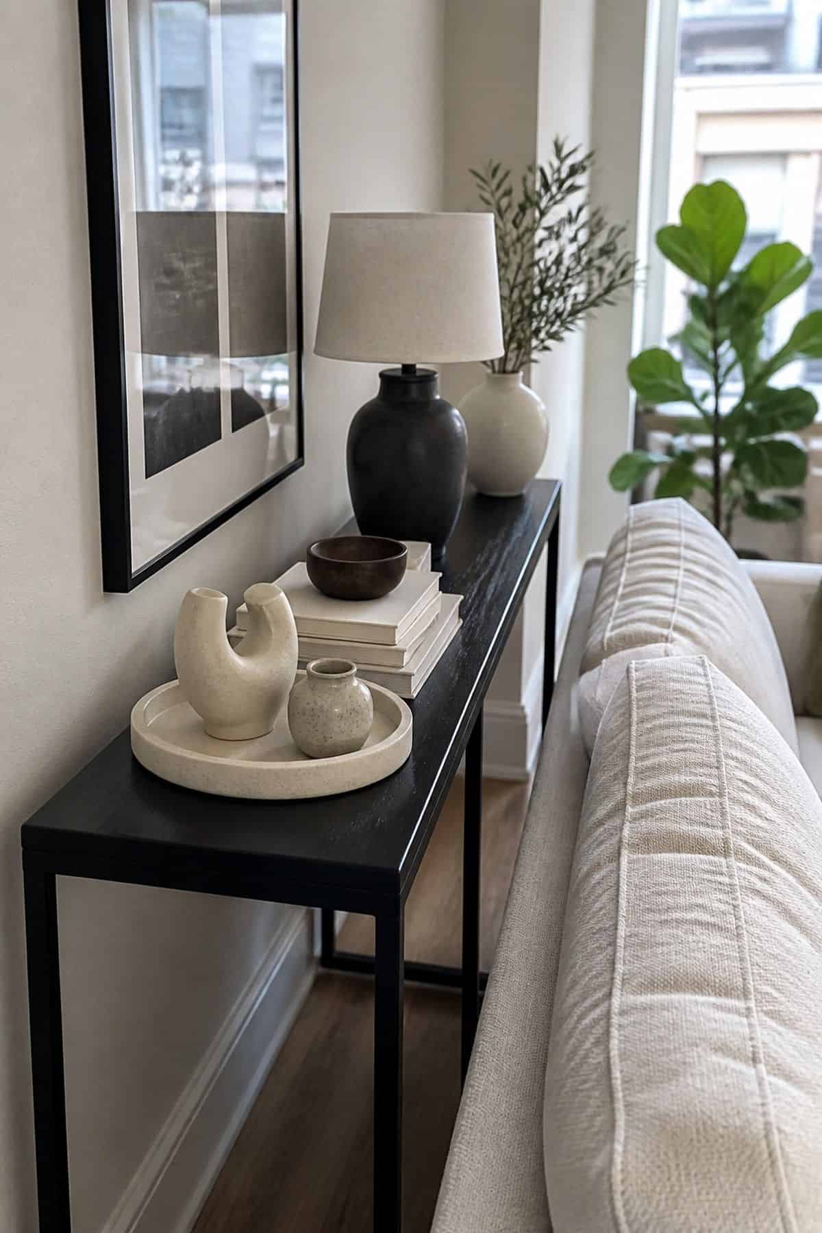 Console table behind sofa decor idea with add a small sculpture or figurine for interest in a small apartment living room