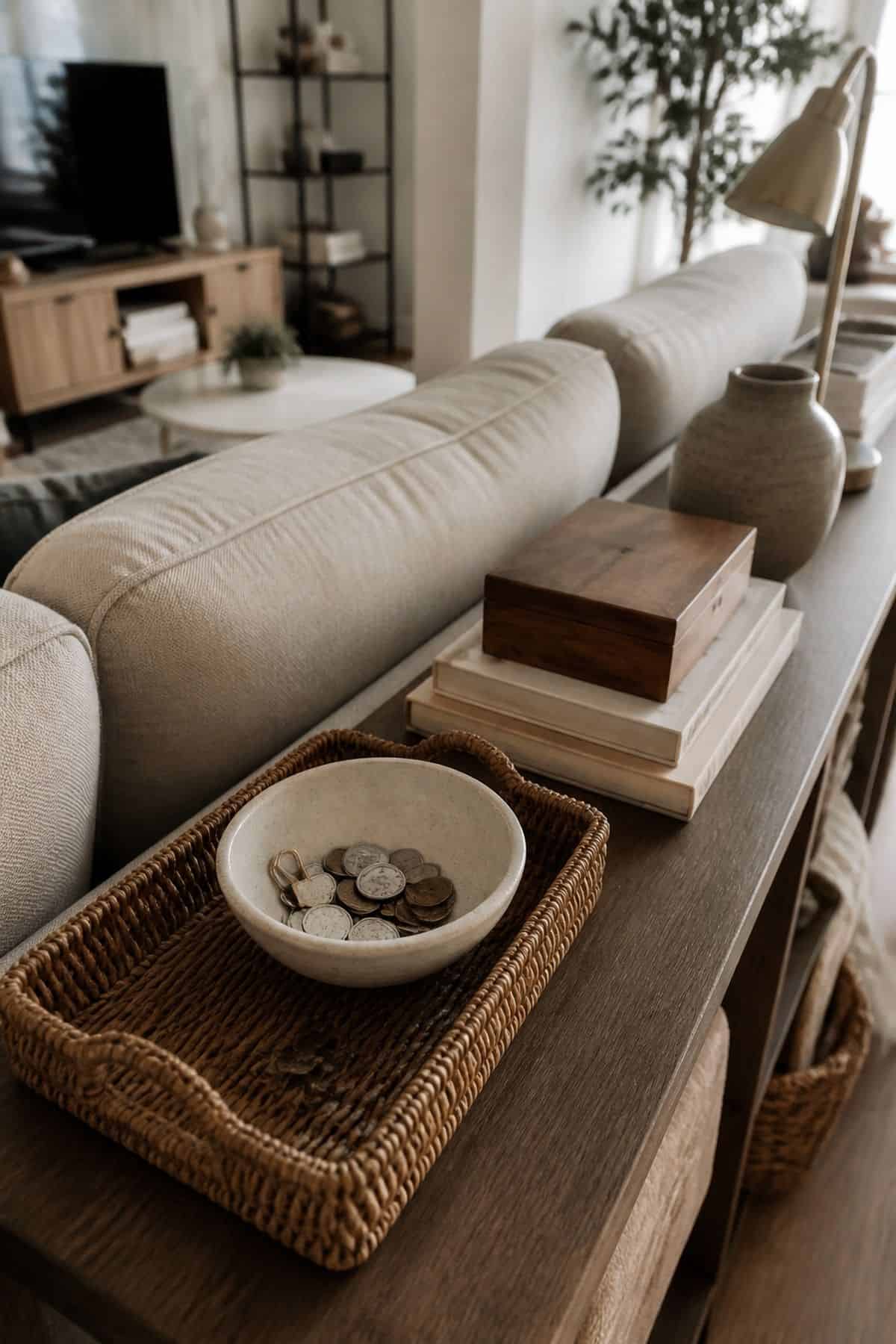 Console table behind sofa decor idea with use a bowl or dish as a catchall for loose change in a small apartment living room