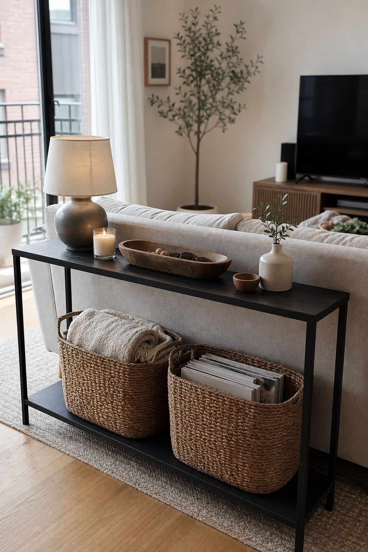 Console table behind sofa decor idea with use baskets underneath the console for additional storage in a small apartment living room