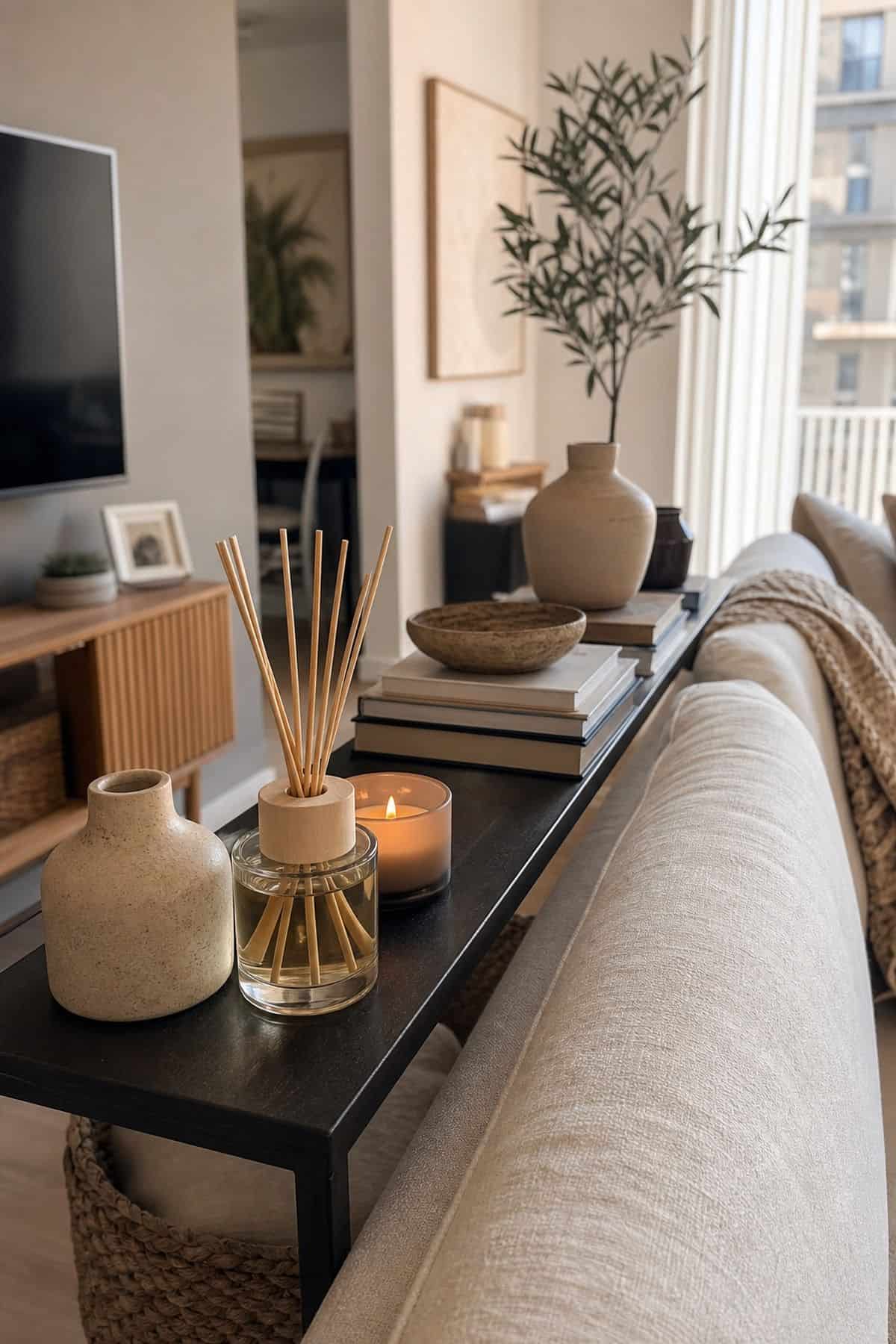 Console table behind sofa decor idea with place scented diffusers or candles for fragrance in a small apartment living room