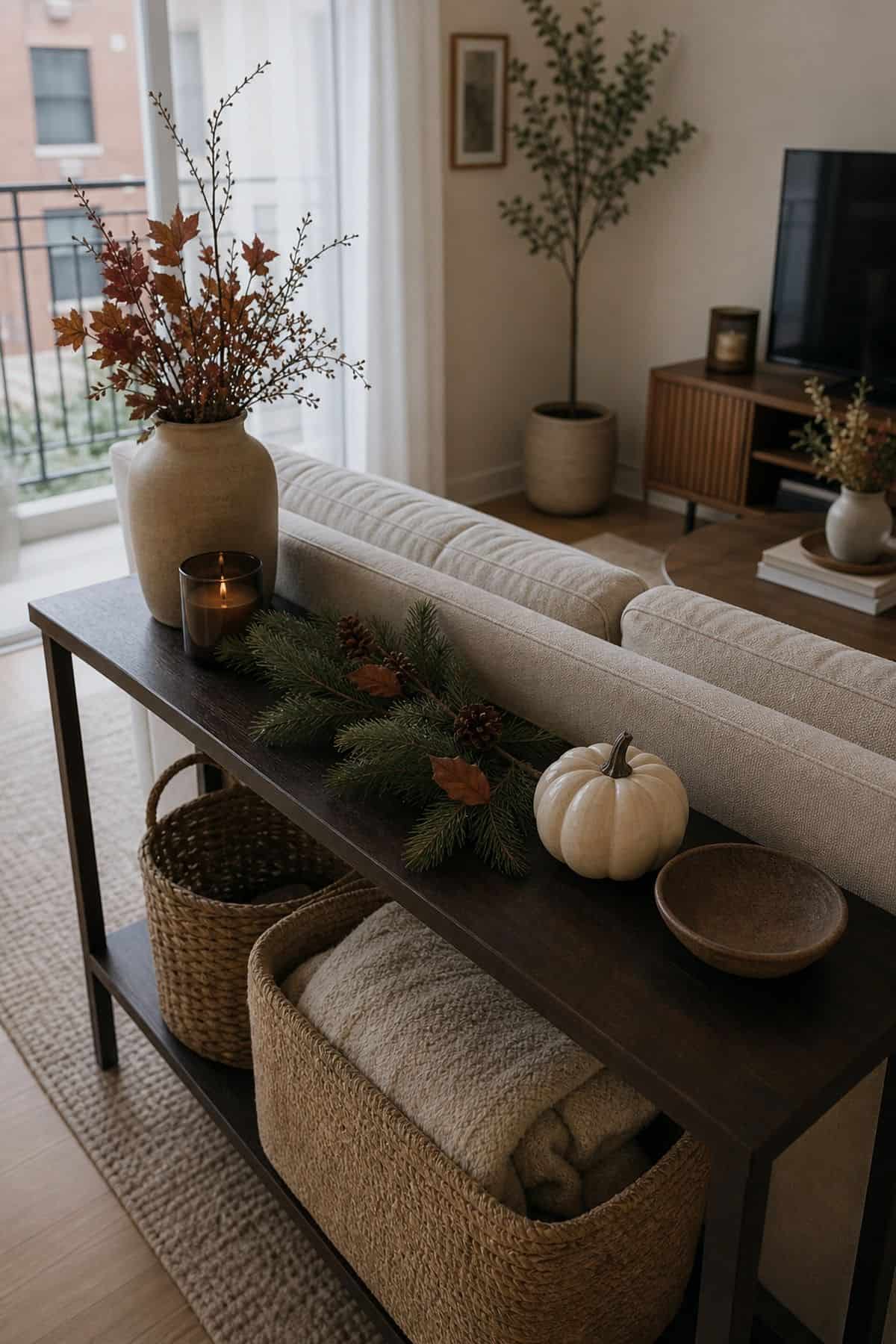 Console table behind sofa decor idea with incorporate seasonal decor elements for a festive touch in a small apartment living room