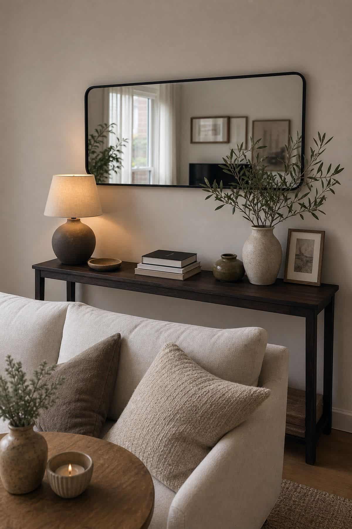 Console table behind sofa decor idea with add a mirror or wall art above to complement the table in a small apartment living room