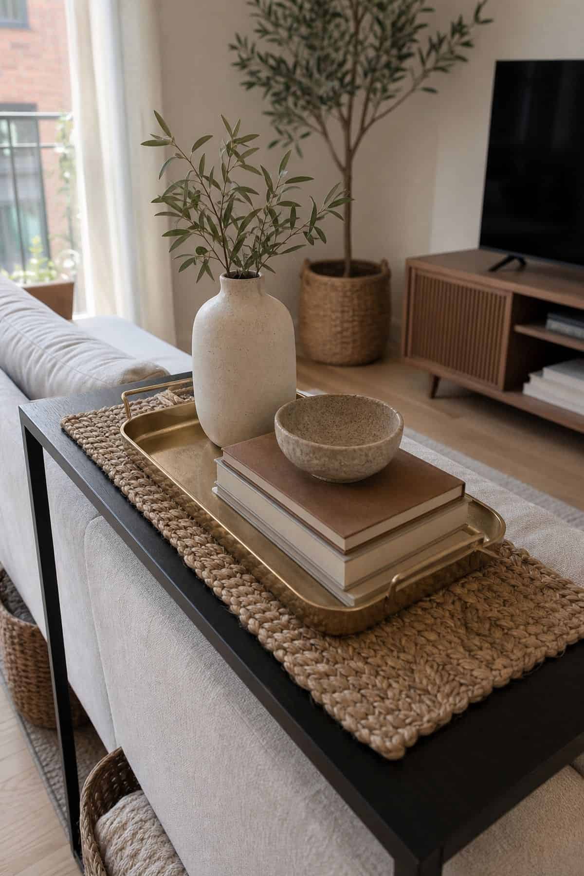 Console table behind sofa decor idea with layer different textures with woven mats, trays, and ceramics in a small apartment living room
