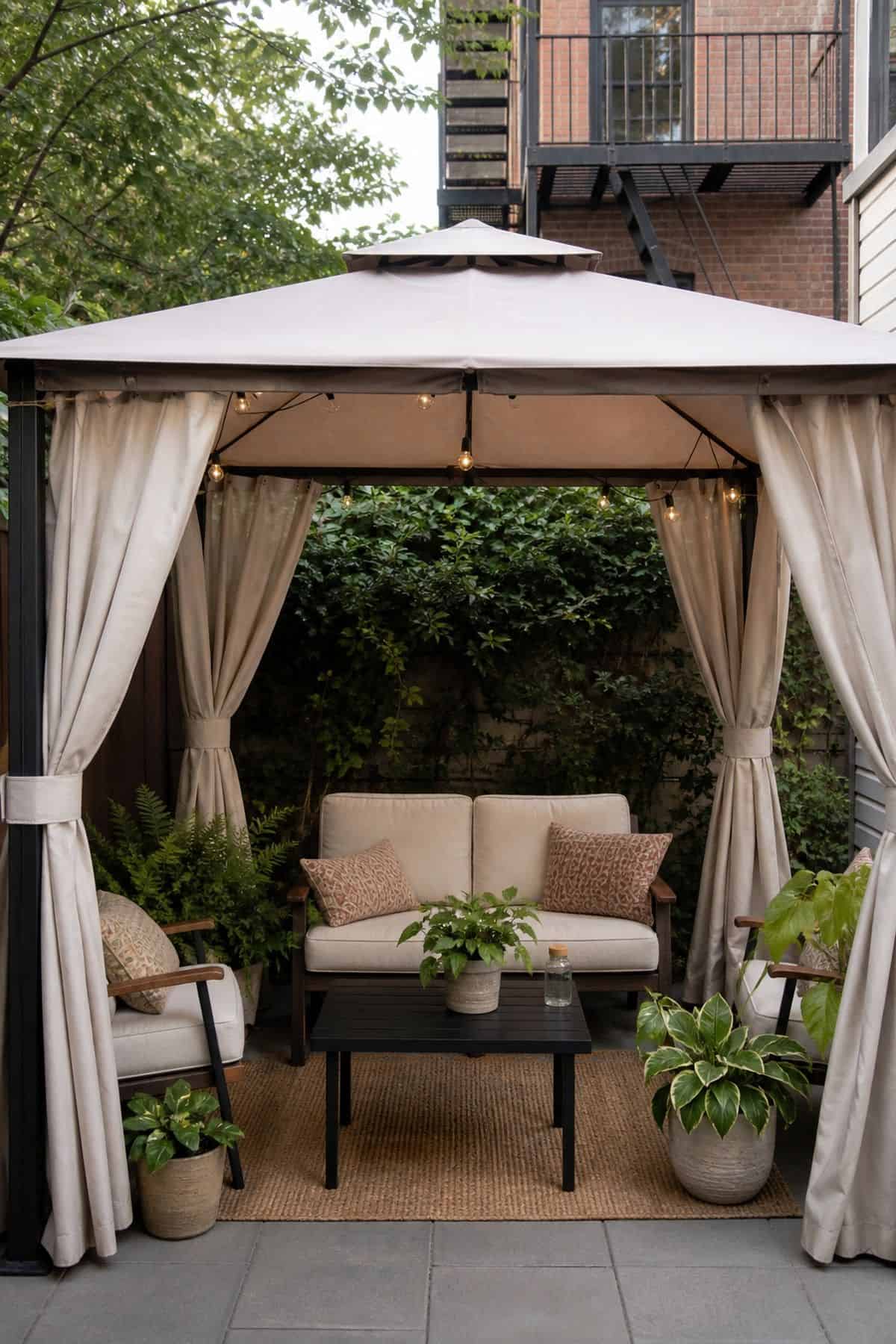 Use a gazebo with curtains for privacy and weather protection covered outdoor patio idea