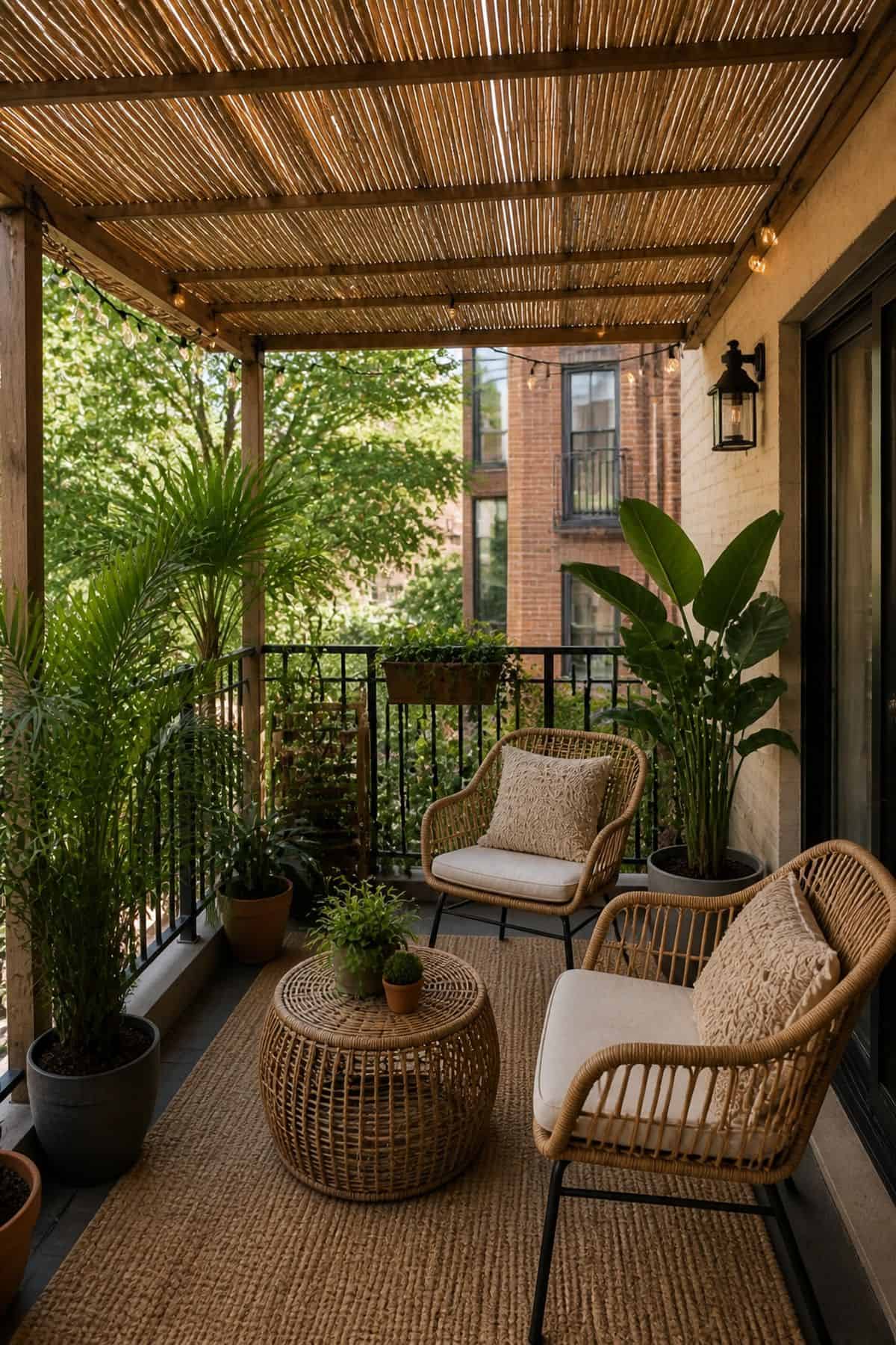 Use bamboo or thatch roofing for a tropical vibe covered outdoor patio idea