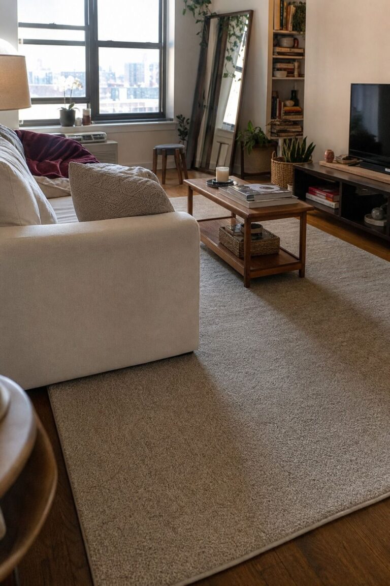 Large Area Rug 8x10 styled in a cozy small apartment living room