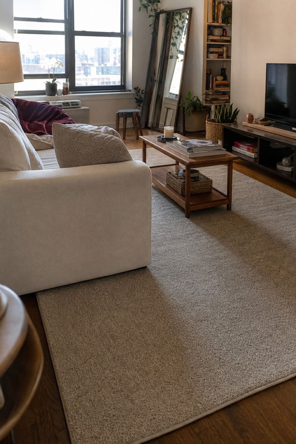 Large Area Rug 8x10 styled in a cozy small apartment living room