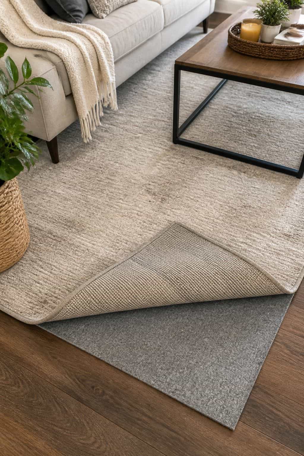 Non-Slip Rug Pad 8x10 styled in a cozy small apartment living room