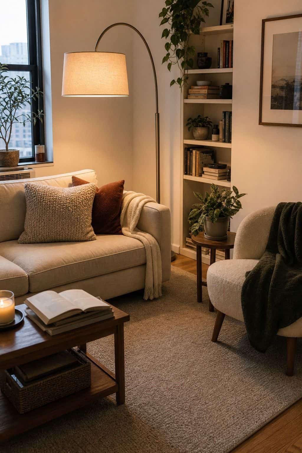 Dimmable Arc Floor Lamp styled in a cozy small apartment living room