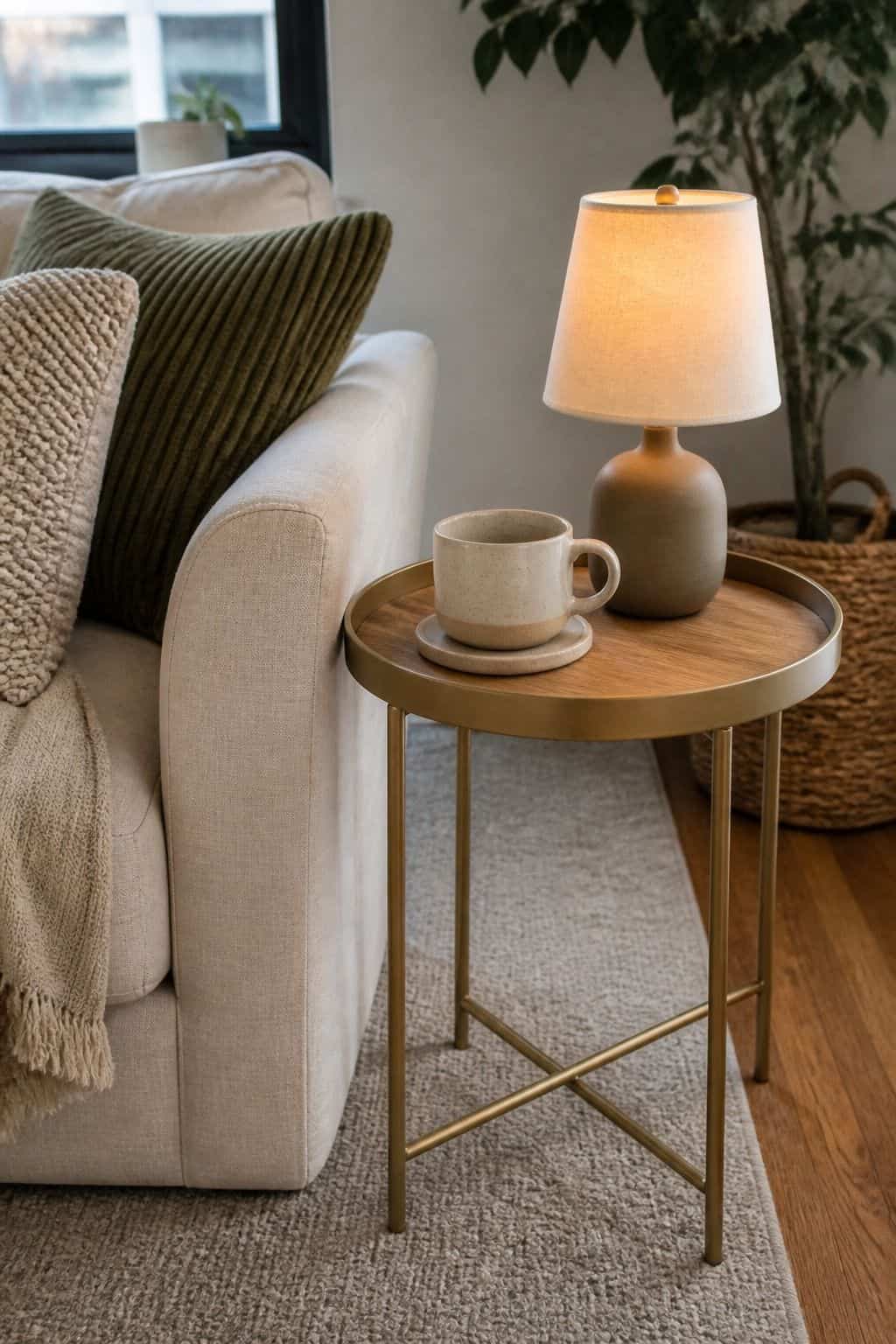 Round Gold Side Table styled in a cozy small apartment living room