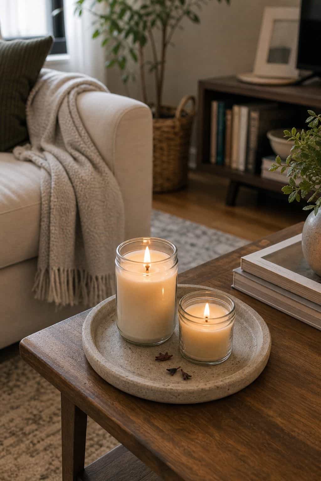 Scented Candles in Glass Set of 2 styled in a cozy small apartment living room