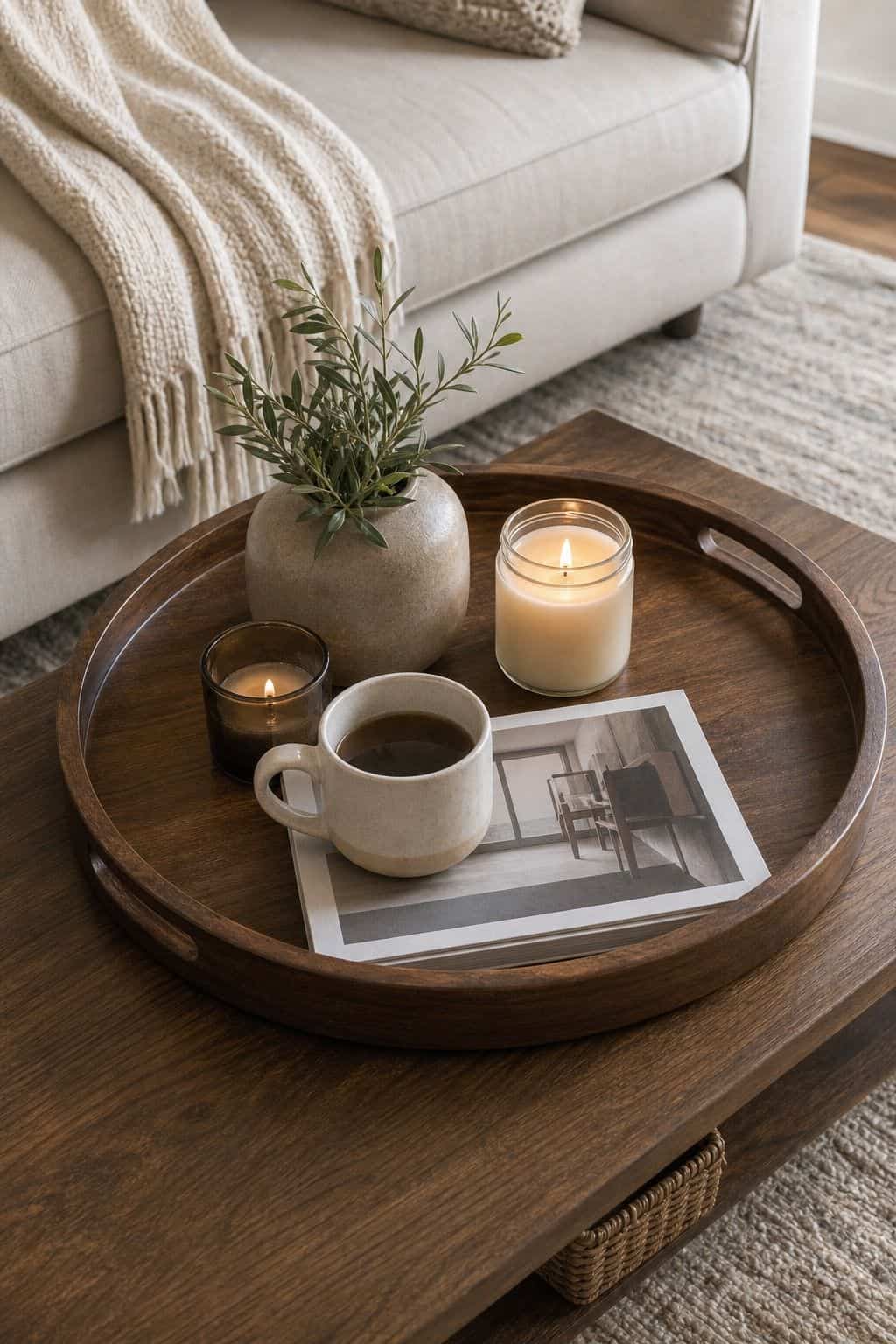 Round Wooden Coffee Table Tray styled in a cozy small apartment living room