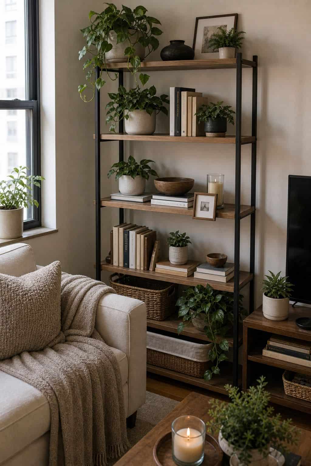 5-Tier Open Bookshelf styled in a cozy small apartment living room