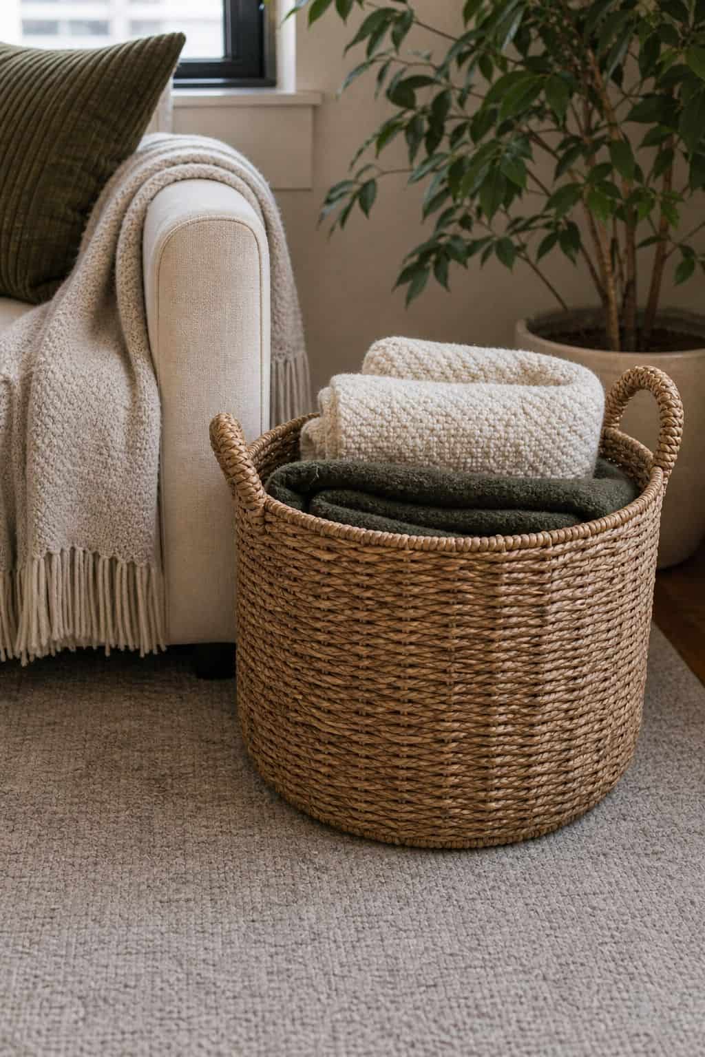 Large Seagrass Basket for Throws styled in a cozy small apartment living room