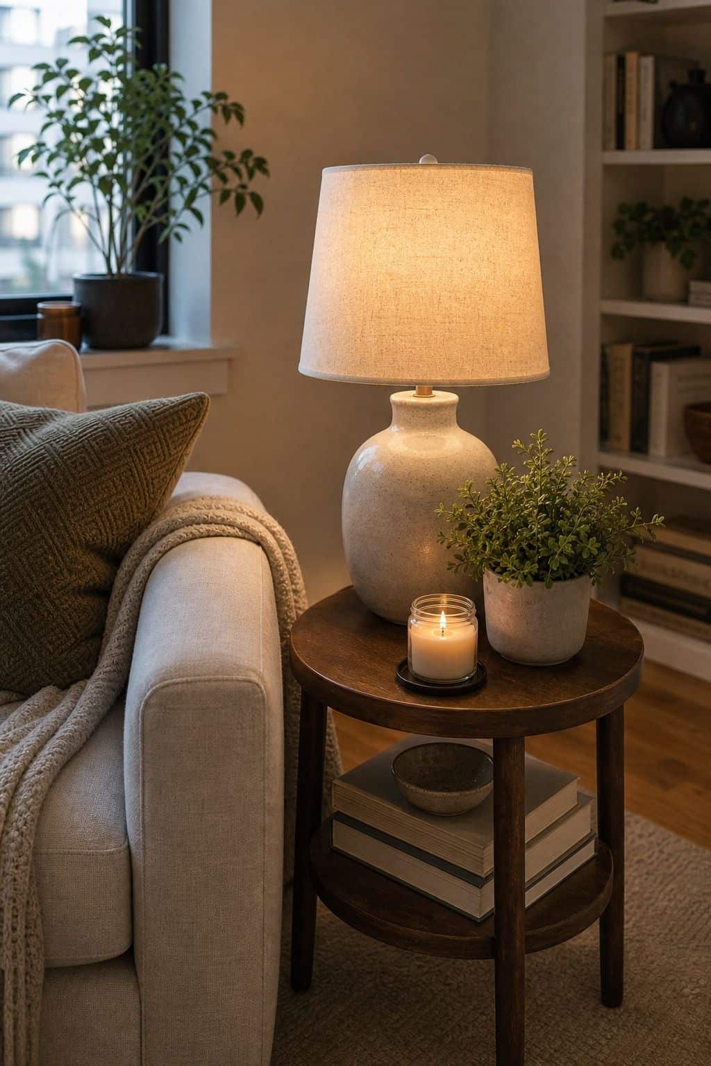 Classic Table Lamp with Linen Shade styled in a cozy small apartment living room