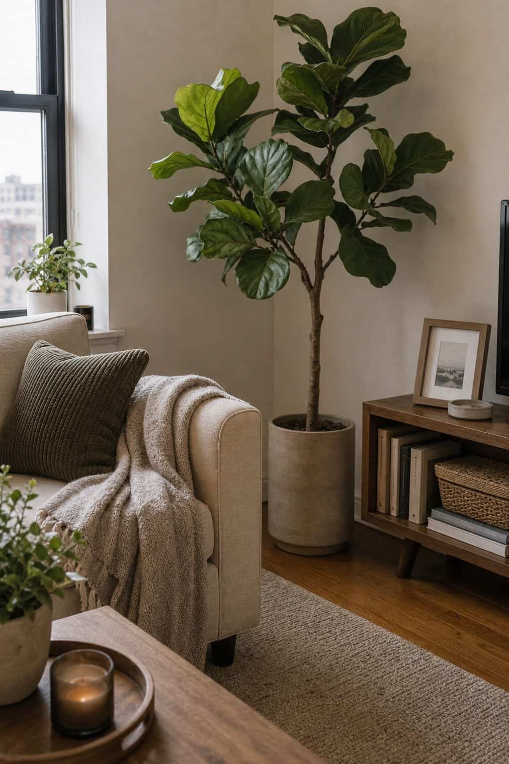 Tall Faux Fiddle Leaf Fig styled in a cozy small apartment living room
